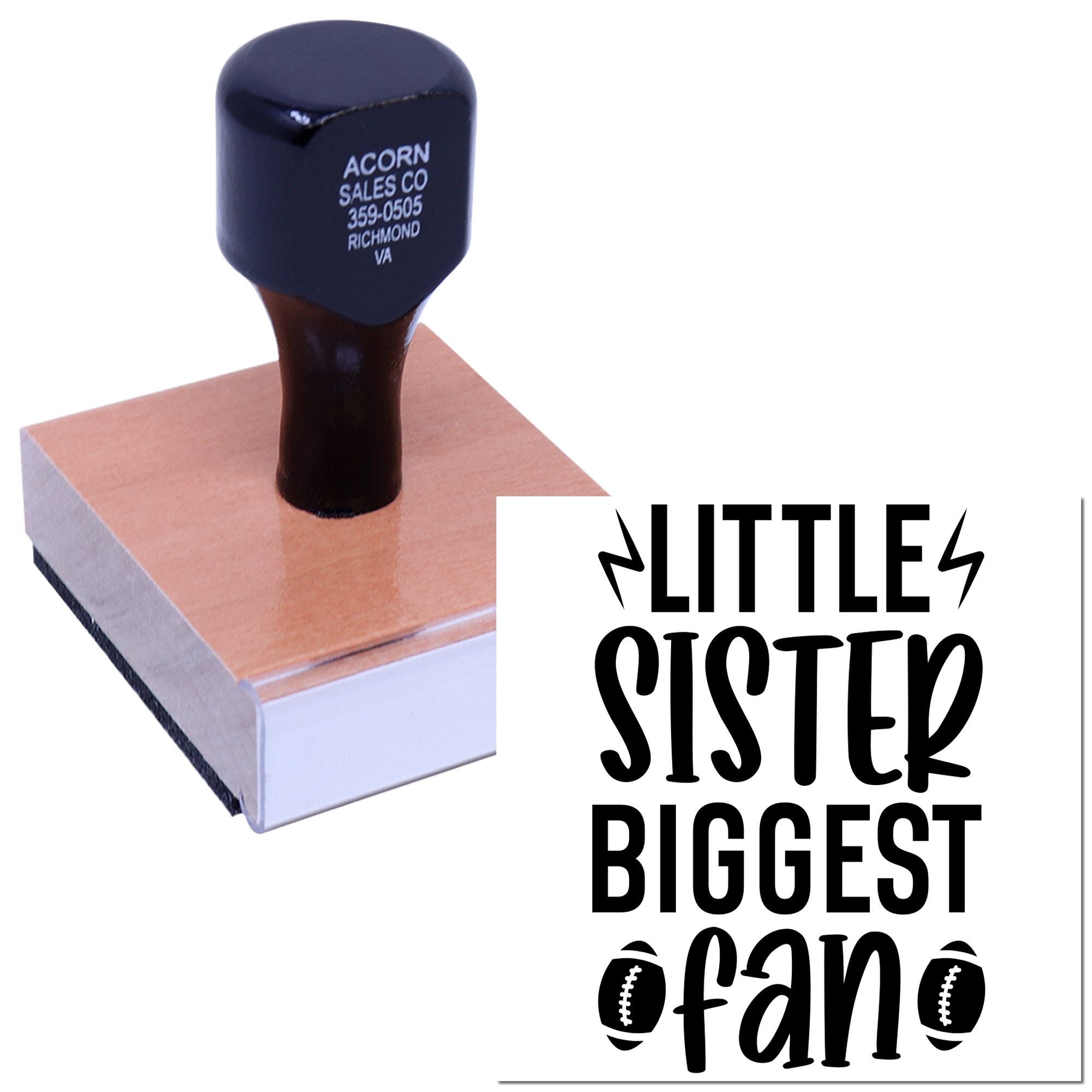 Custom rubber stamp featuring Little Sister Biggest Fan with football icons, ideal for sports-themed crafts, cards and gifts.