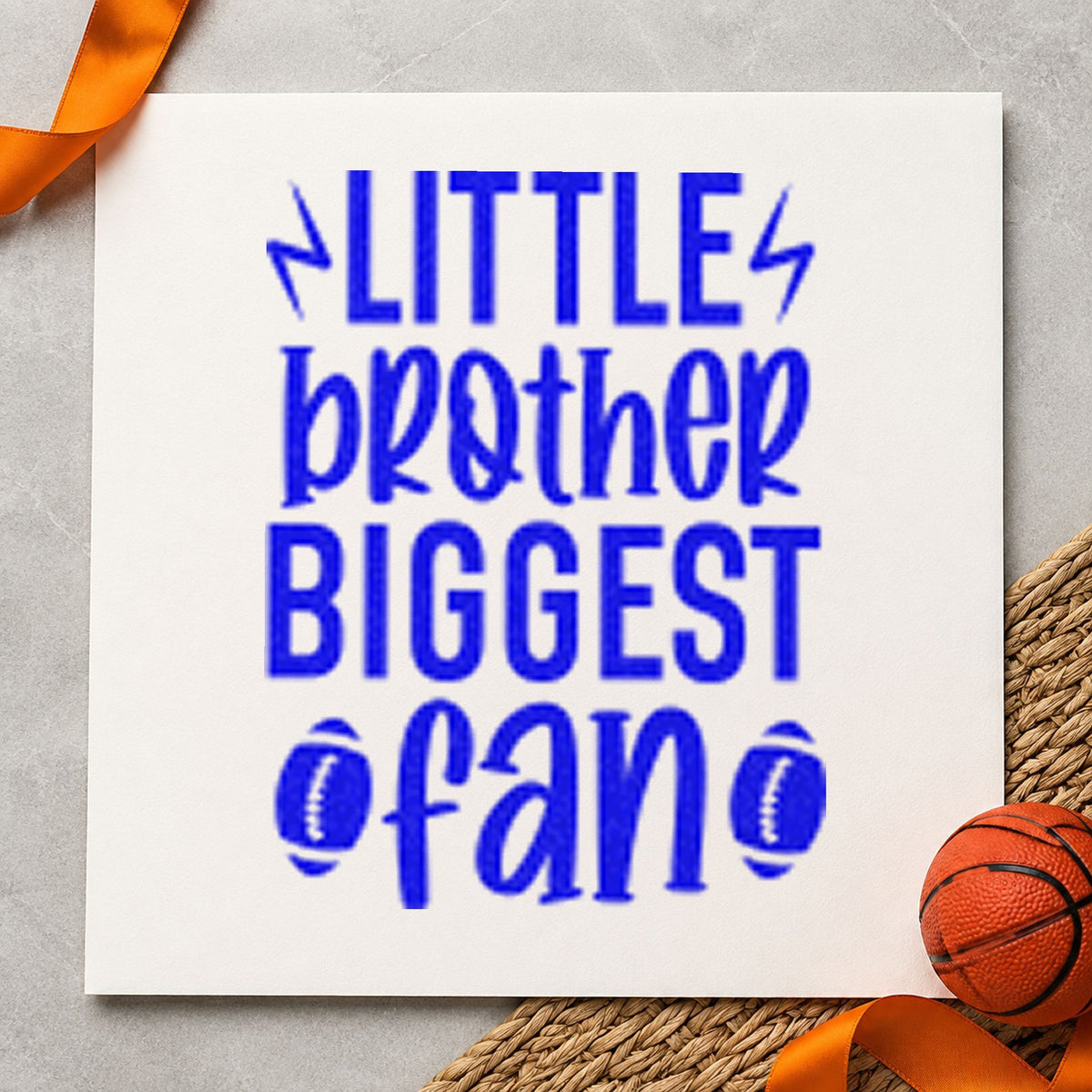 Little Brother Biggest Fan craft stamp in blue ink on cardstock, an easy option for mini jersey printing.