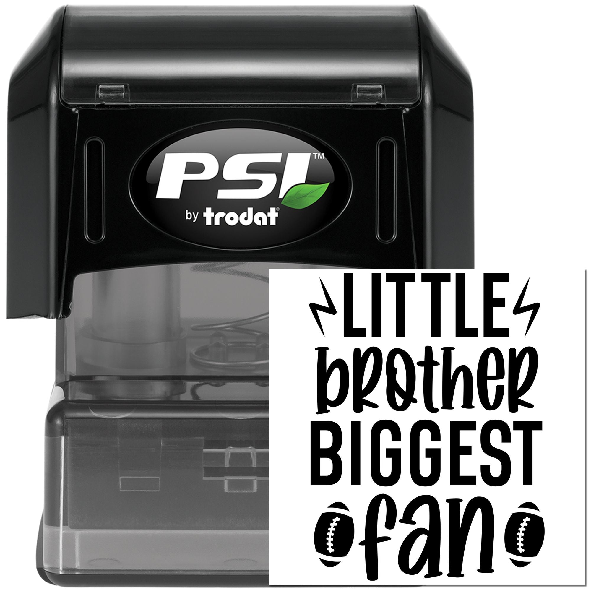 Custom self-inking rubber stamp by PSI Trodat featuring Little Brother Biggest Fan with football icons.