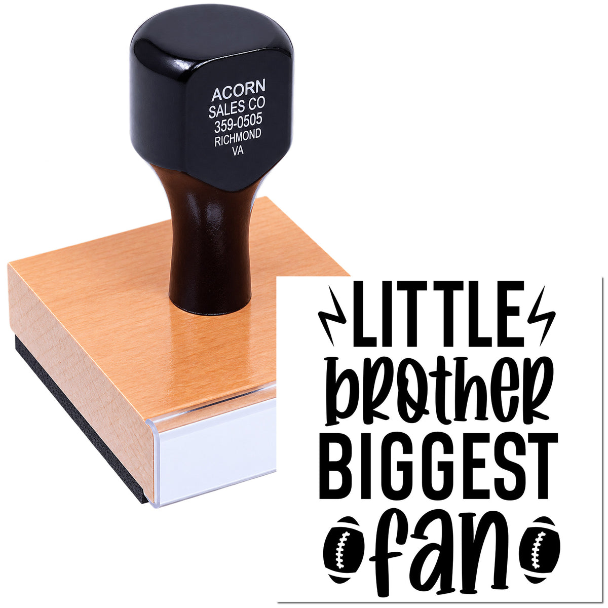 Custom rubber stamp design reading Little Brother, Biggest Fan with football icons for sports-themed crafts and gifts.