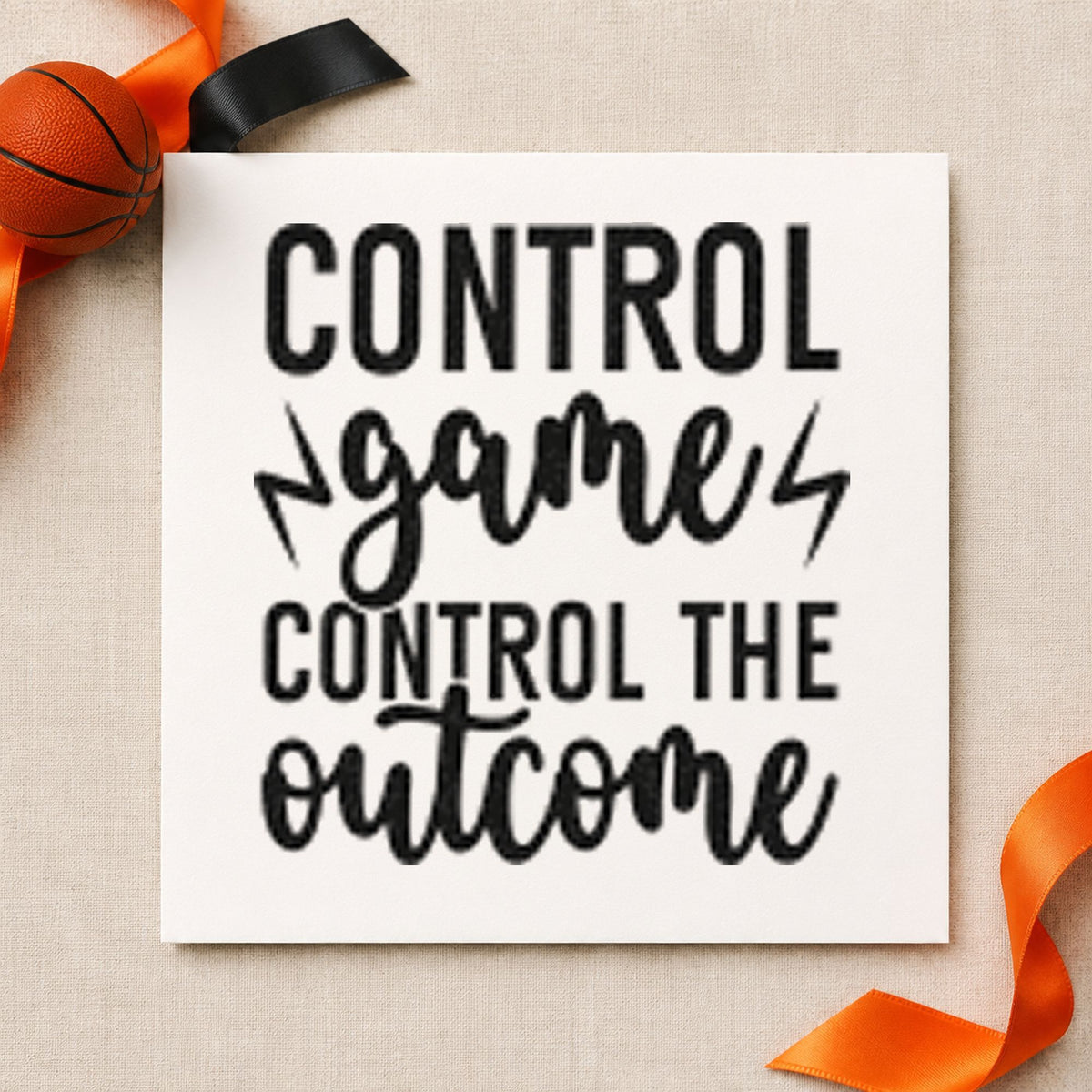 Control Game Control Outcome craft stamp imprint in black ink on a handmade project, one idea being notebook gift tags.