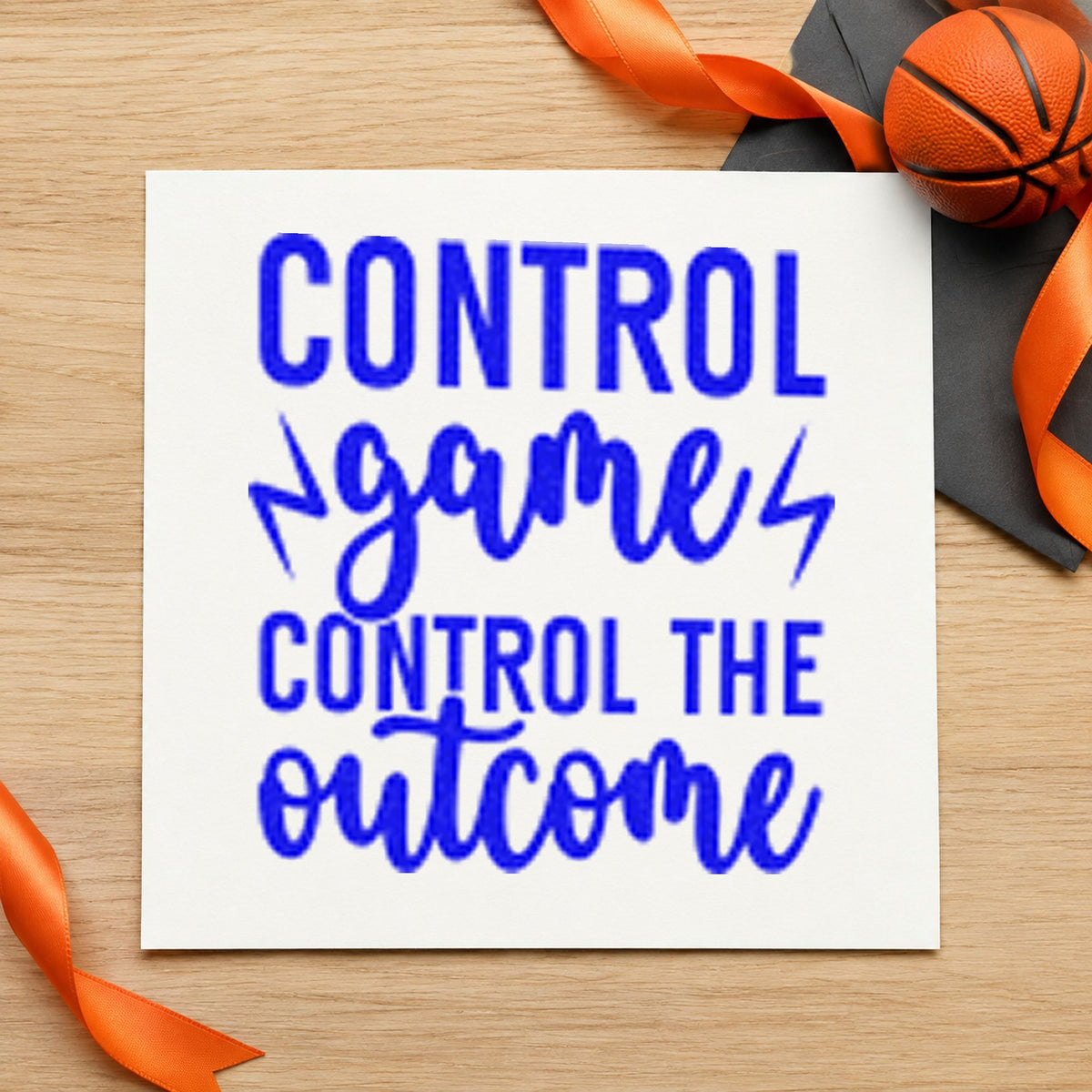 Control Game Control Outcome craft stamp in blue ink on cardstock, an easy option for desk mat printing.