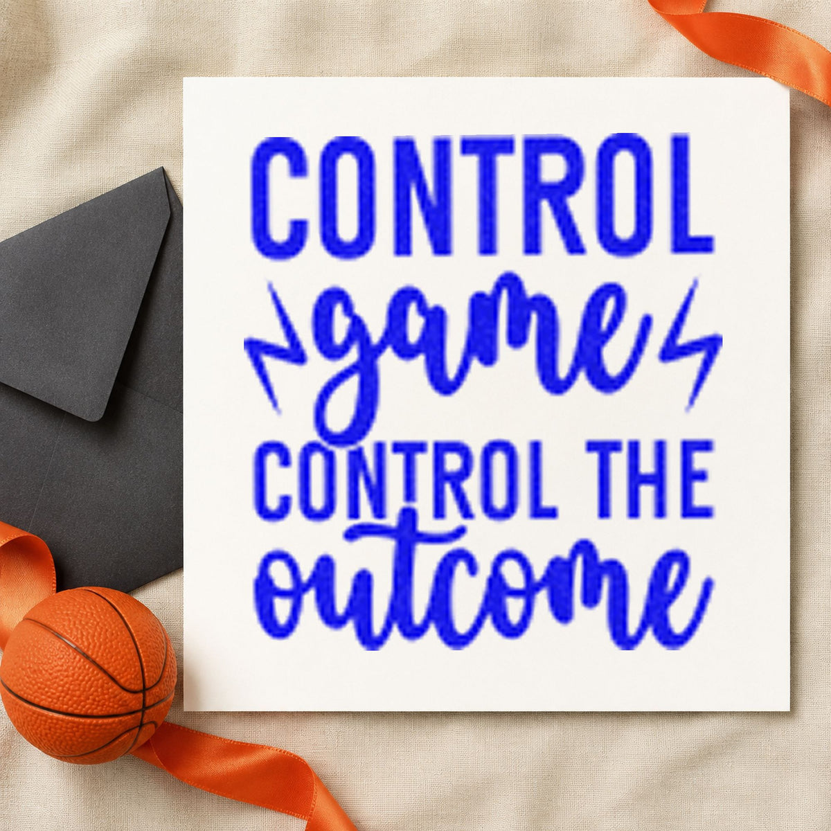 Control Game Control Outcome craft stamp imprinted in blue ink on paper, a design suited to framed bedroom desk.