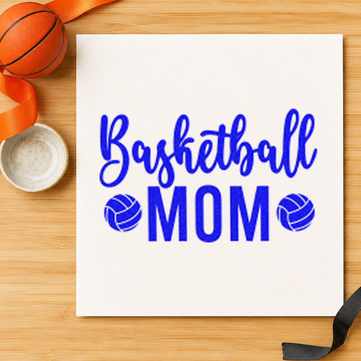 Basketball Mom Paneled Balls craft stamp in blue ink on cardstock, an easy option for laundry bag printing.