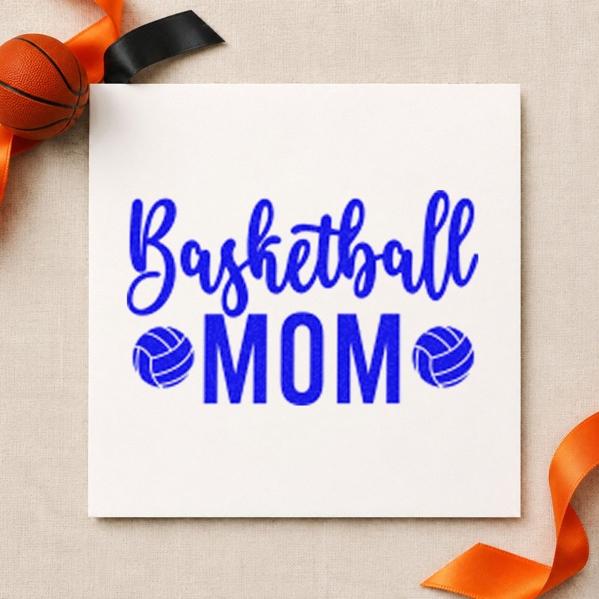 Basketball Mom Paneled Balls craft stamp imprinted in blue ink on paper, a design suited to framed laundry room.
