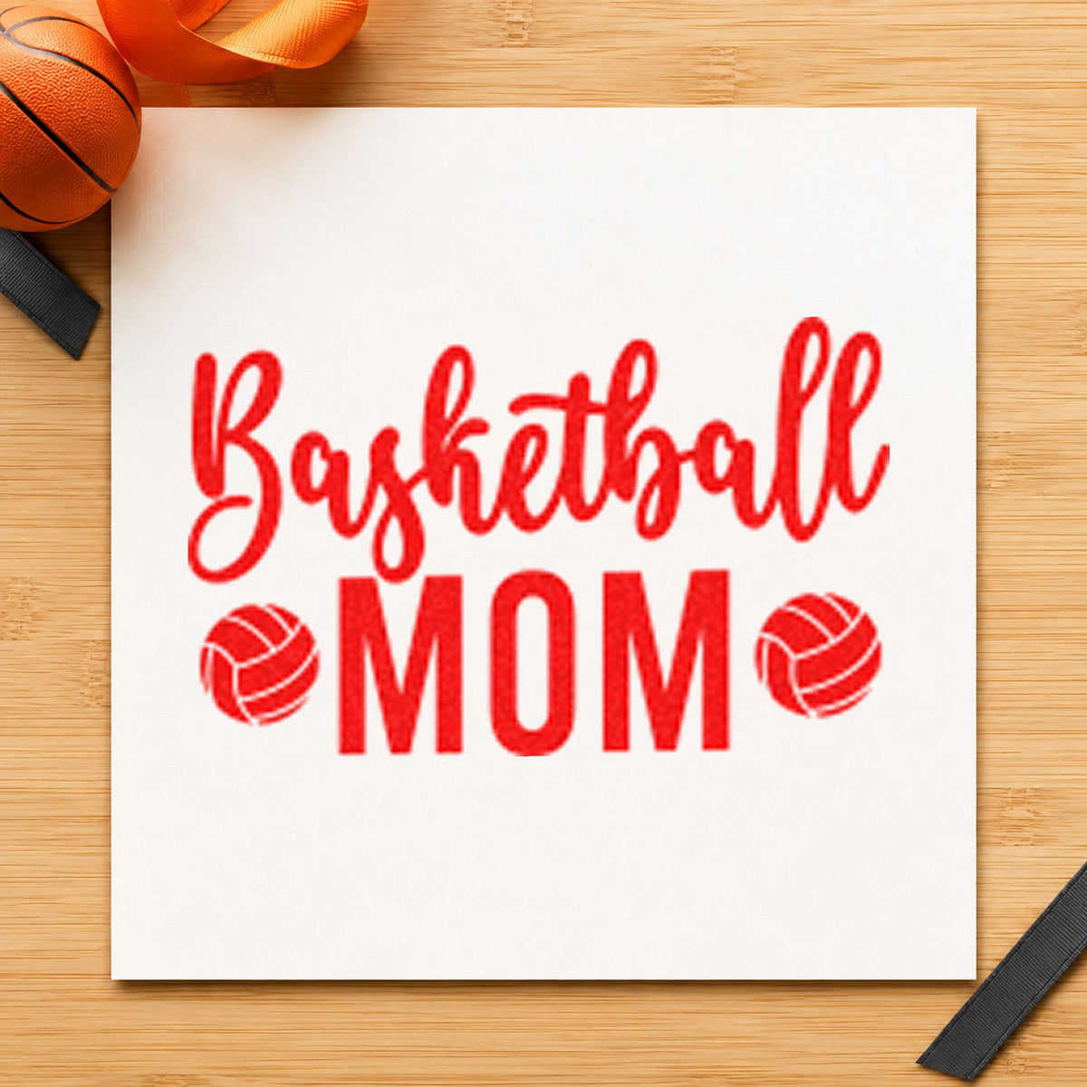 Basketball Mom Paneled Balls rubber stamp shown in red ink, stamped for projects such as shelf kit labels.