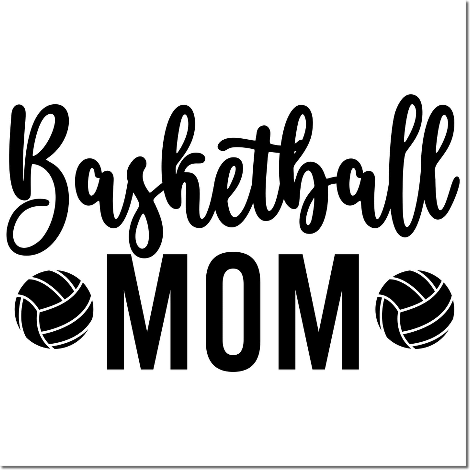 Basketball Mom rubber stamp design with bold lettering and sports ball icons for custom crafts, gifts, and team pride.