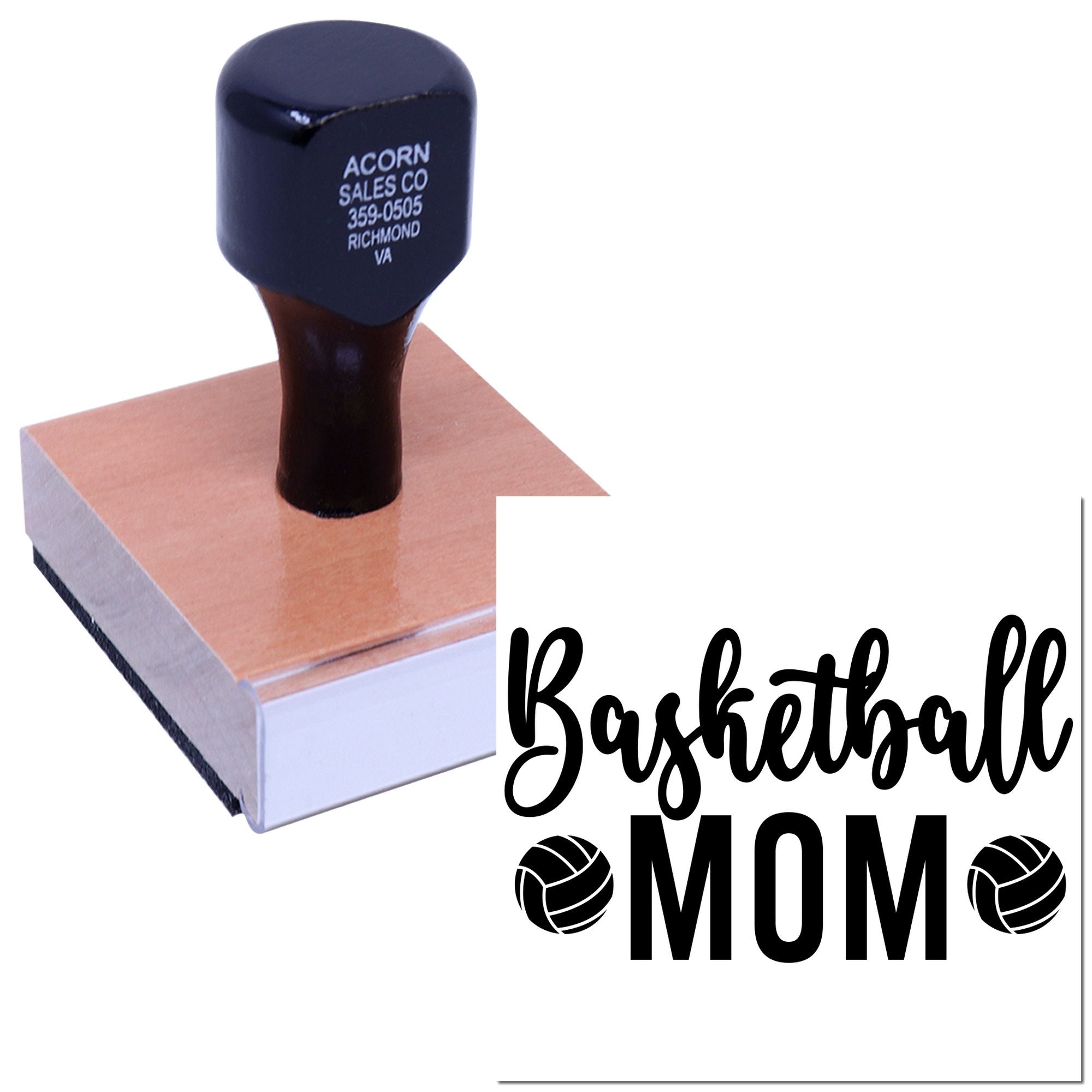 Personalized rubber stamp with basketball mom design, ideal for custom logo and business imprinting.