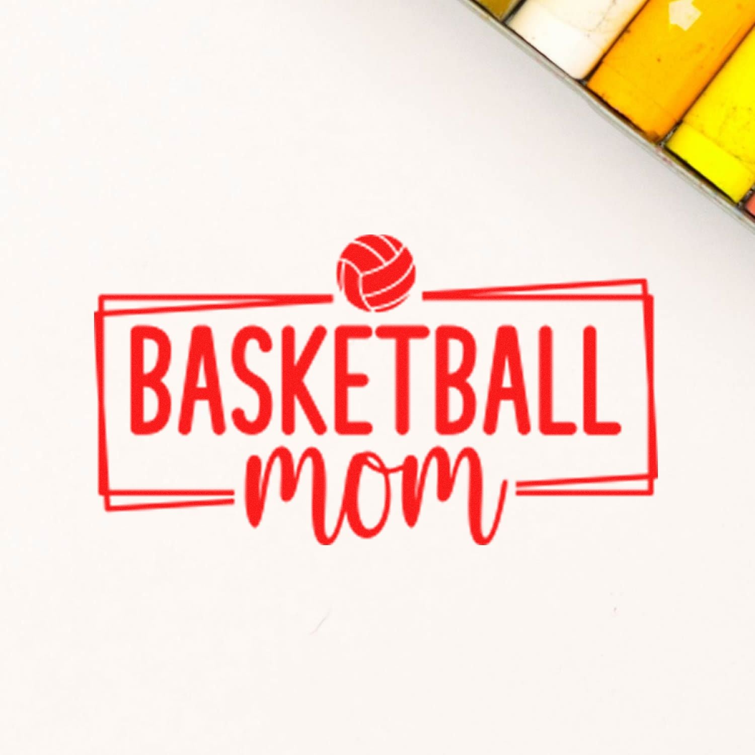 Basketball Mom custom rubber stamp in red ink for sports crafts, gifts, and team merchandise.