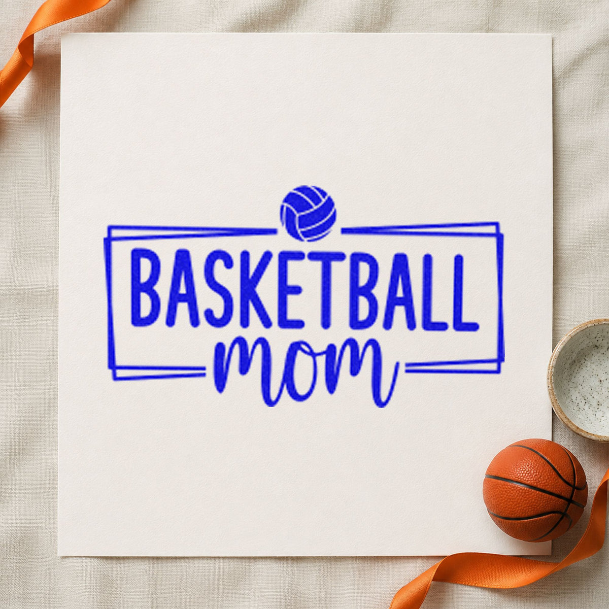 Basketball Mom Rectangular Frame craft stamp imprinted in blue ink on paper, a design suited to framed hall closet.