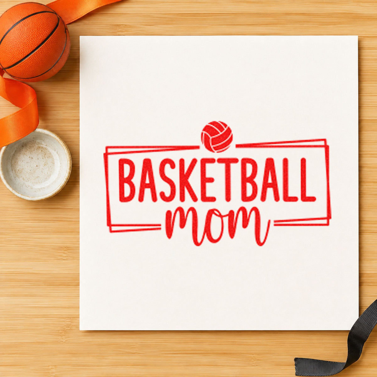 Basketball Mom Rectangular Frame craft stamp imprint in red ink on a handmade project, one idea being gym info cards.