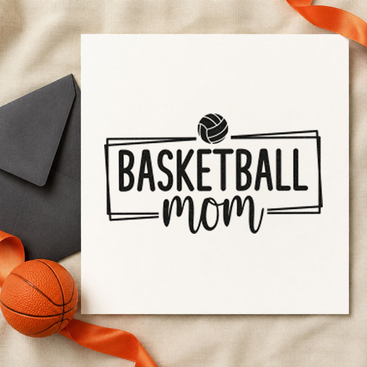 Basketball Mom Rectangular Frame rubber stamp printed in black ink, ready for framed ball cards and similar paper crafts.