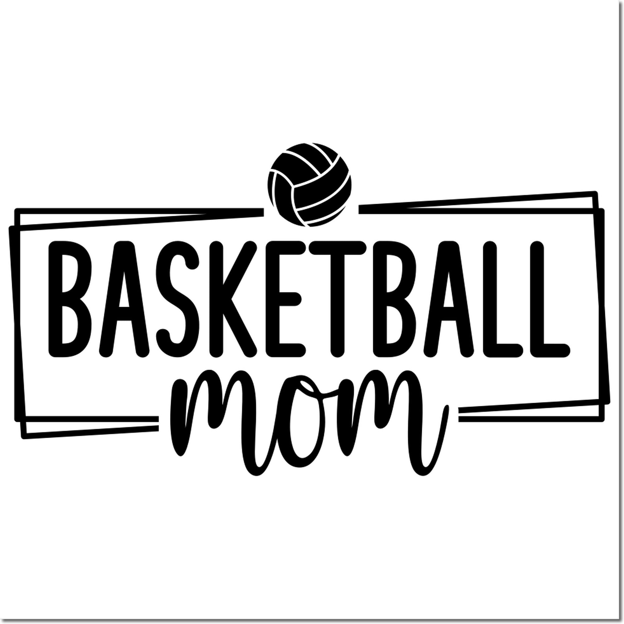 Basketball mom rubber stamp design with basketball icon and bold lettering for sports fan crafts and custom stamping.