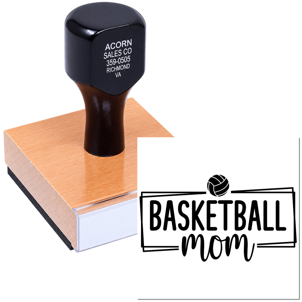 Custom basketball mom rubber stamp with wood handle, creating personalized sports fan impressions for cards, packaging, or crafts.