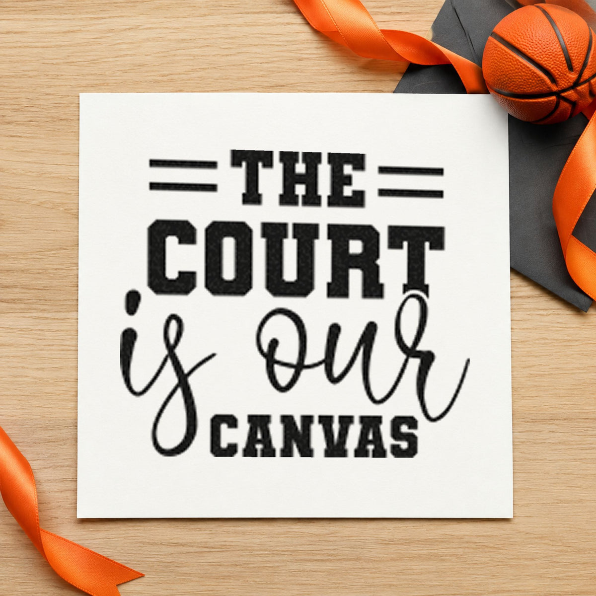 Court Is Our Canvas craft stamp imprint in black ink on a handmade project, one idea being finish can gift tags.