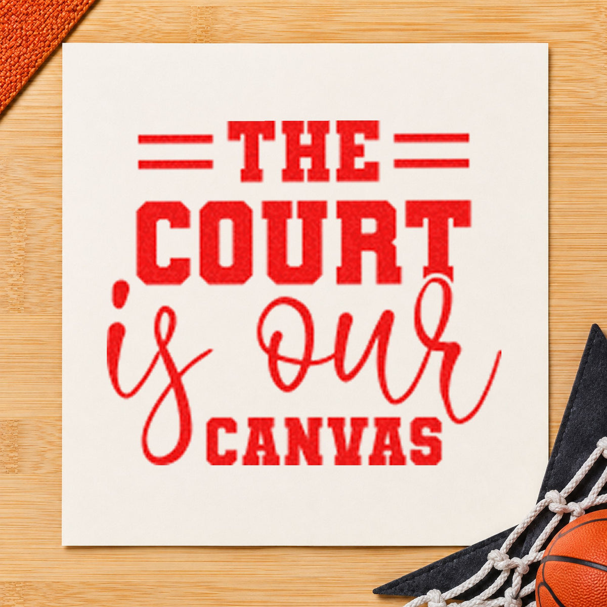 Court Is Our Canvas rubber stamp shown in red ink, stamped for projects such as bin abrasive labels.