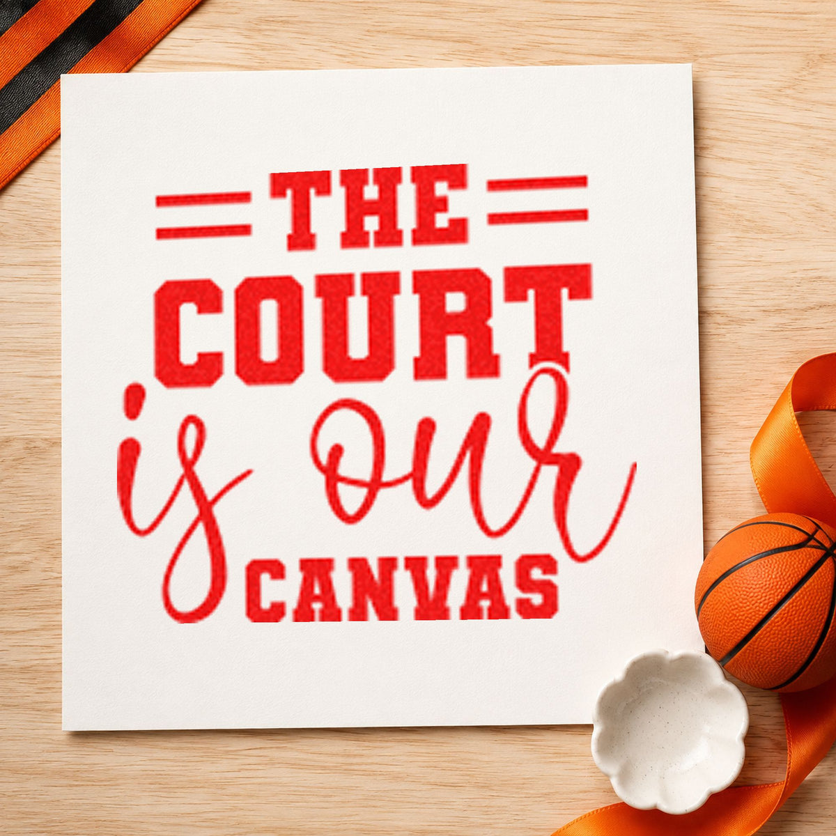 Court Is Our Canvas craft stamp imprint in red ink on a handmade project, one idea being cure time cards.