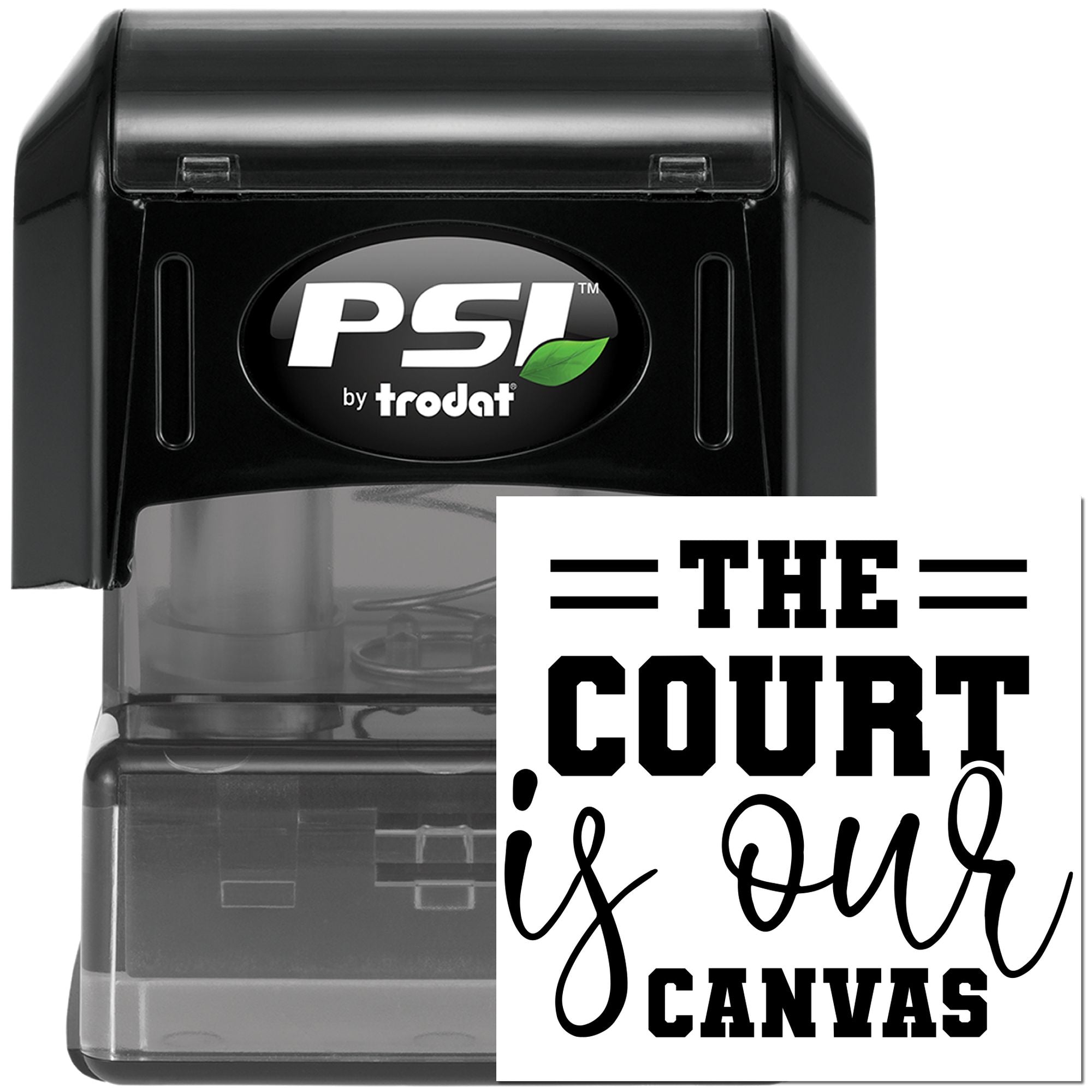 PSI by Trodat self-inking rubber stamp with custom The Court & Our Canvas imprint for legal office use.