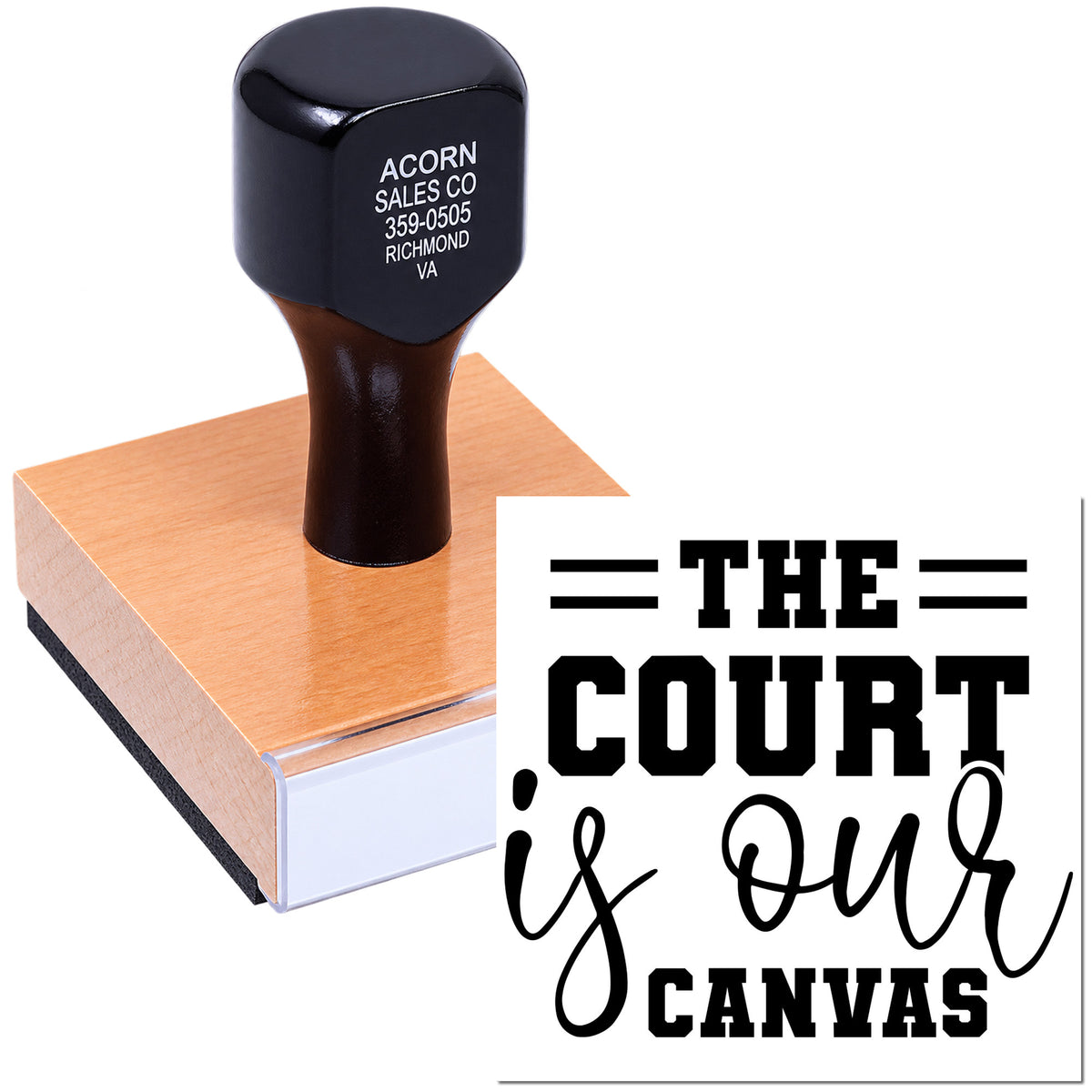 Custom rubber stamp displaying The Court Is Our Canvas for sports branding, invitations, or merchandise.