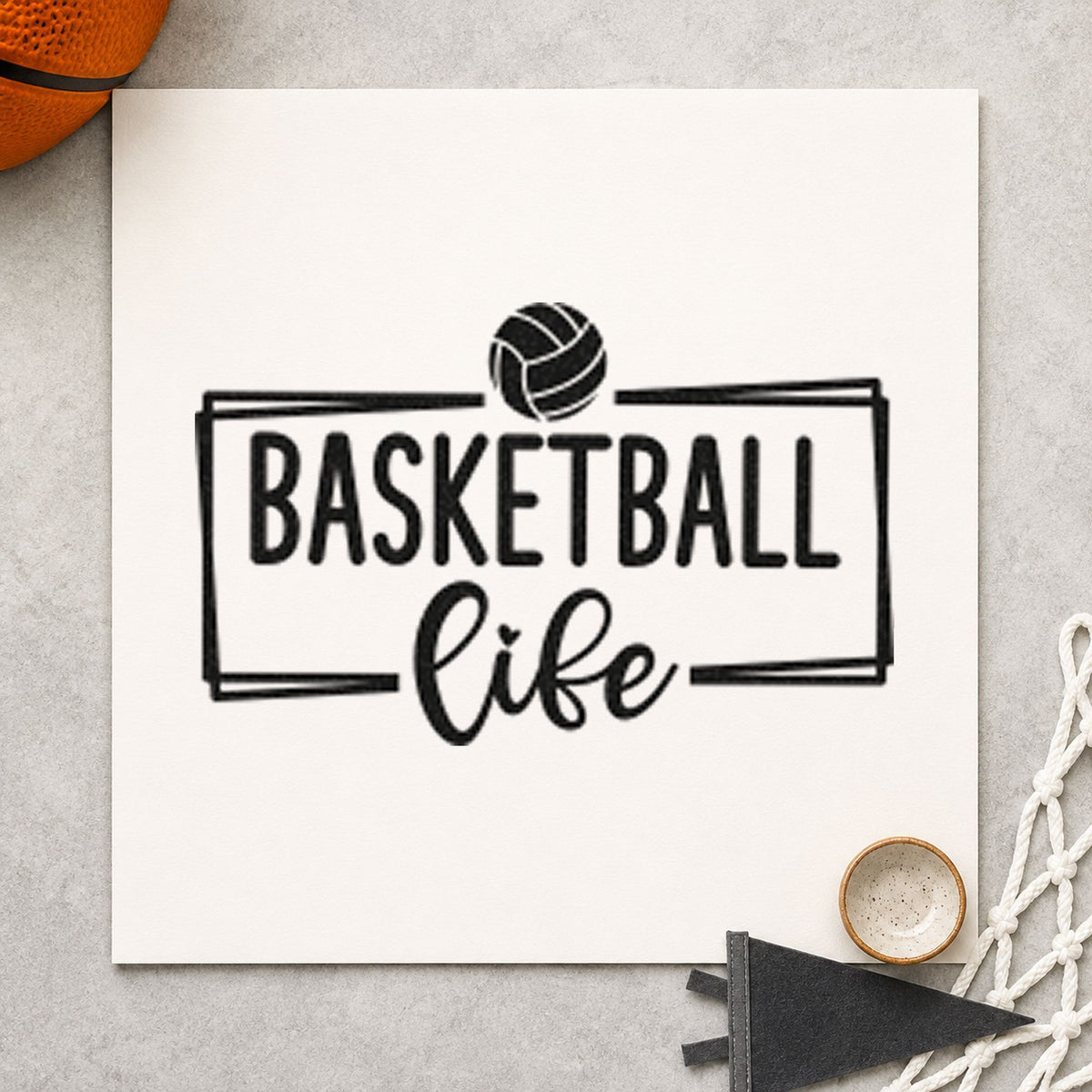 Basketball Life Rectangular Frame craft stamp in black ink on cardstock, an easy option for fan room album page.
