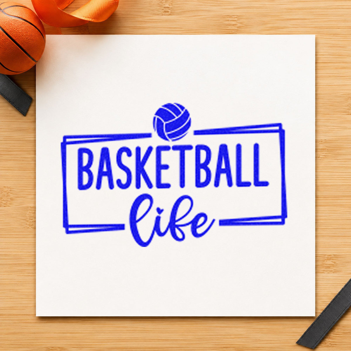 Basketball Life Rectangular Frame craft stamp in blue ink on cardstock, an easy option for sofa throw printing.