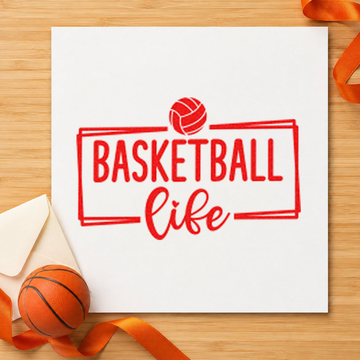 Basketball Life Rectangular Frame craft stamp imprint in red ink on a handmade project, one idea being game night cards.