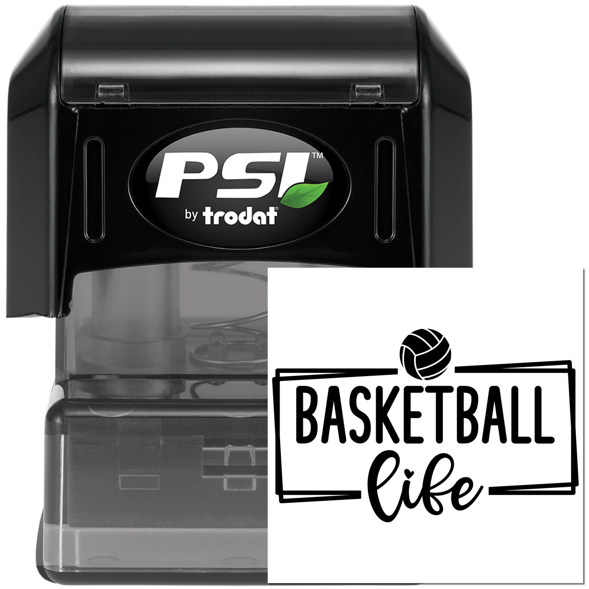 PSI by Trodat self-inking custom basketball rubber stamp with Basketball Life design for sports crafts and gifts.