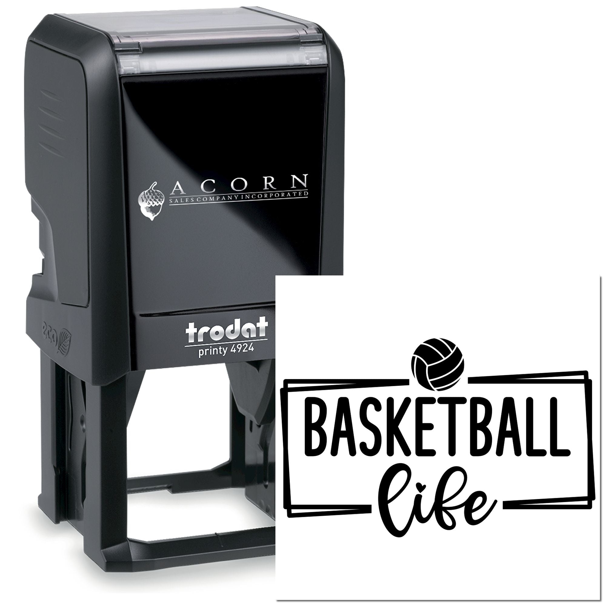 Custom self-inking basketball rubber stamp with Basketball Life design for sports team branding and crafts
