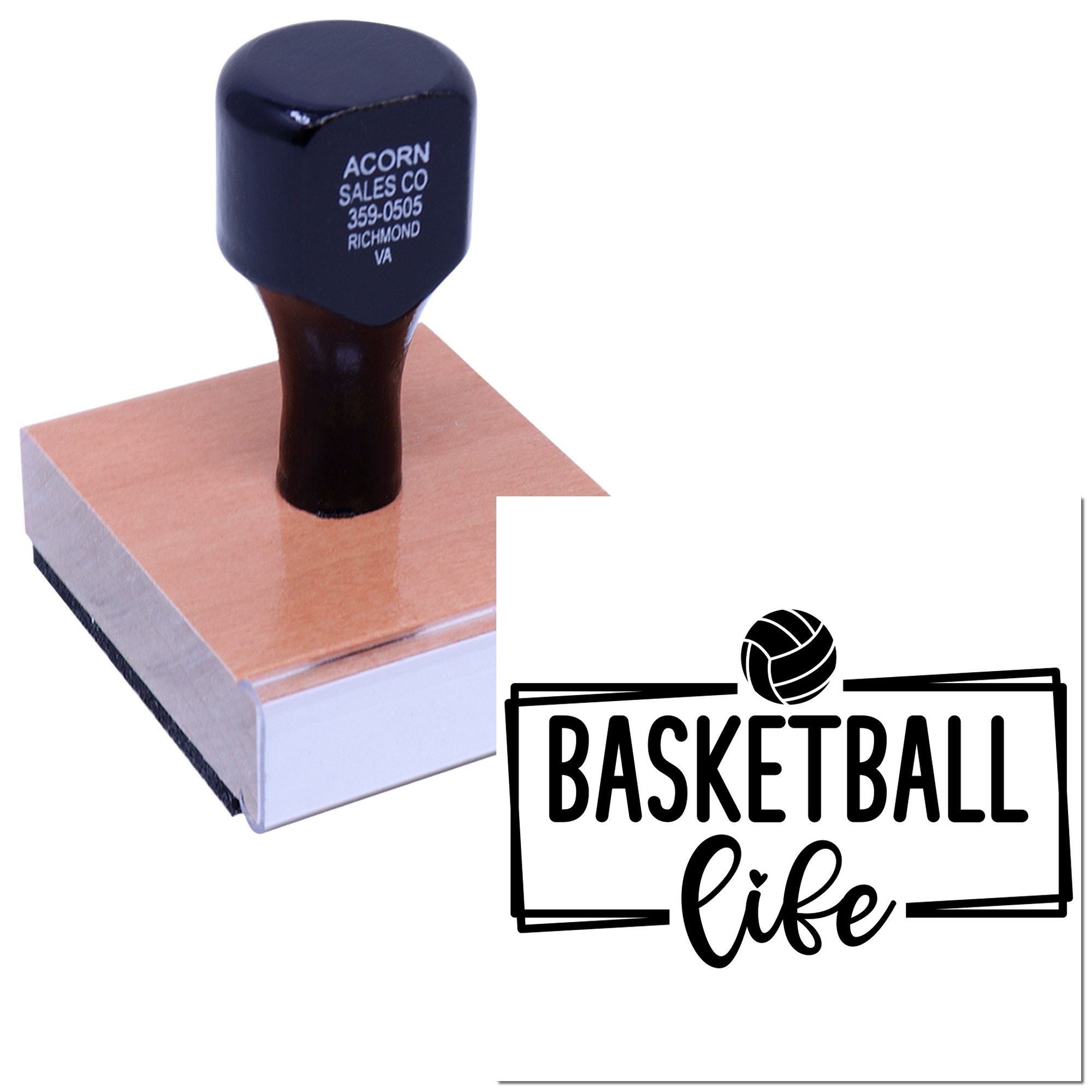 Basketball Life rubber stamp showing a custom sports logo for personalized branding, scrapbooking, and team stationery.
