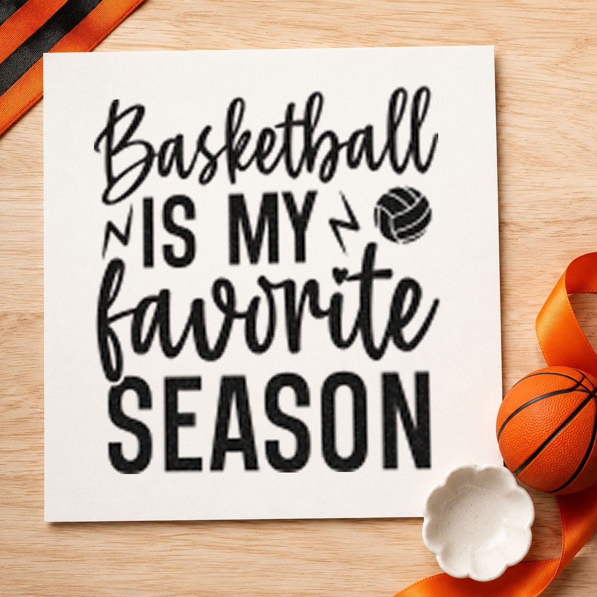Basketball My Favorite Season craft stamp imprint in black ink on a handmade project, one idea being warm gift tags.
