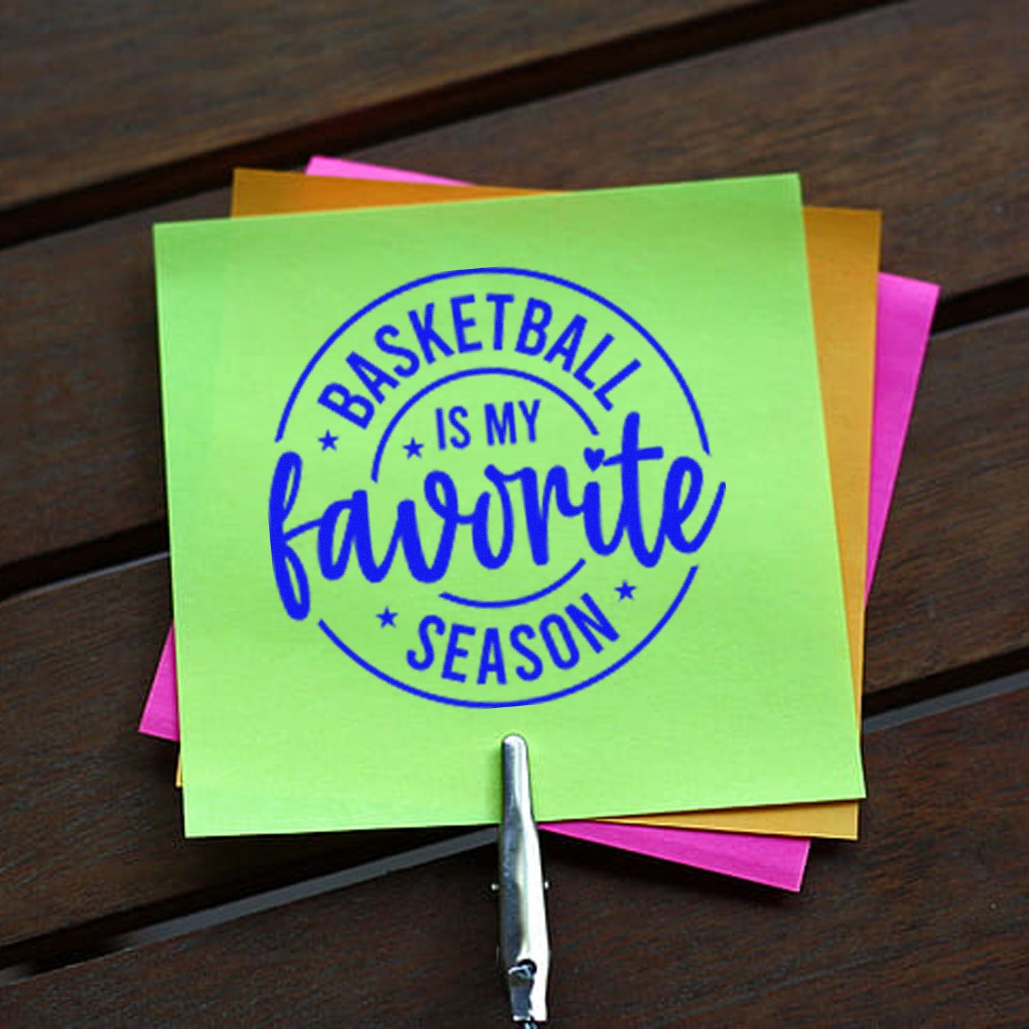 Basketball is my favorite season custom rubber stamp on colorful sticky notes for sports-themed crafts and planners.