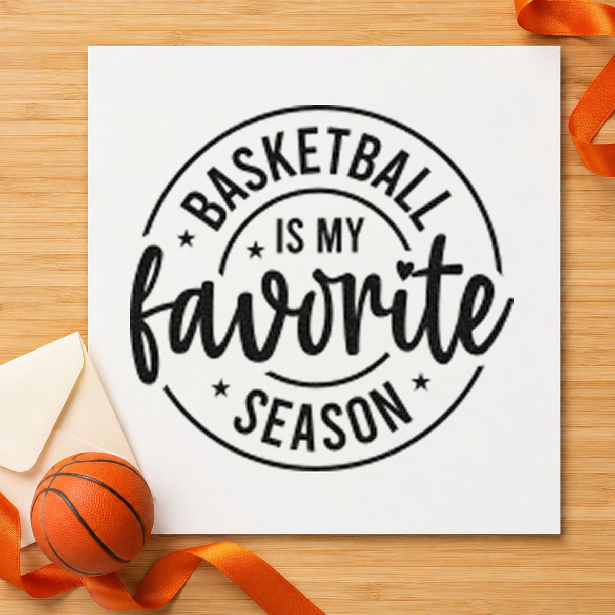 Basketball Favorite Season Badge craft stamp imprint in black ink on a handmade project, one idea being ticket wallet tags.
