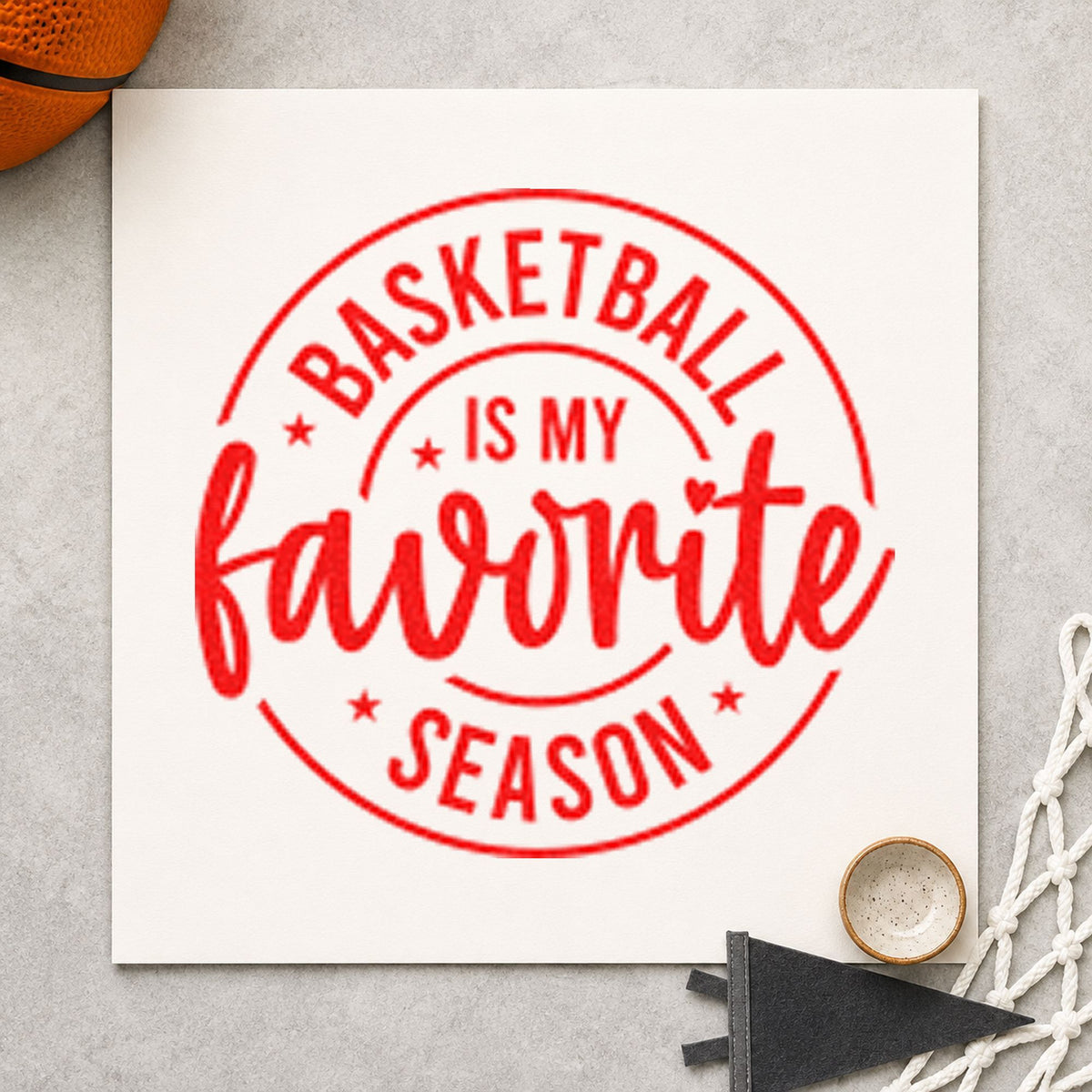 Basketball Favorite Season Badge craft stamp imprint in red ink on a handmade project, one idea being seat swap cards.