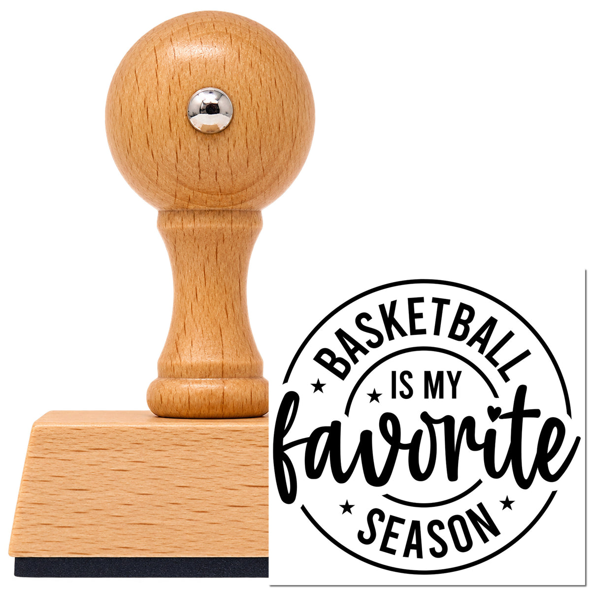 Basketball Favorite Season Badge Vintage Pro rubber stamp in European beech wood with a round knob handle, shown beside its black imprint.
