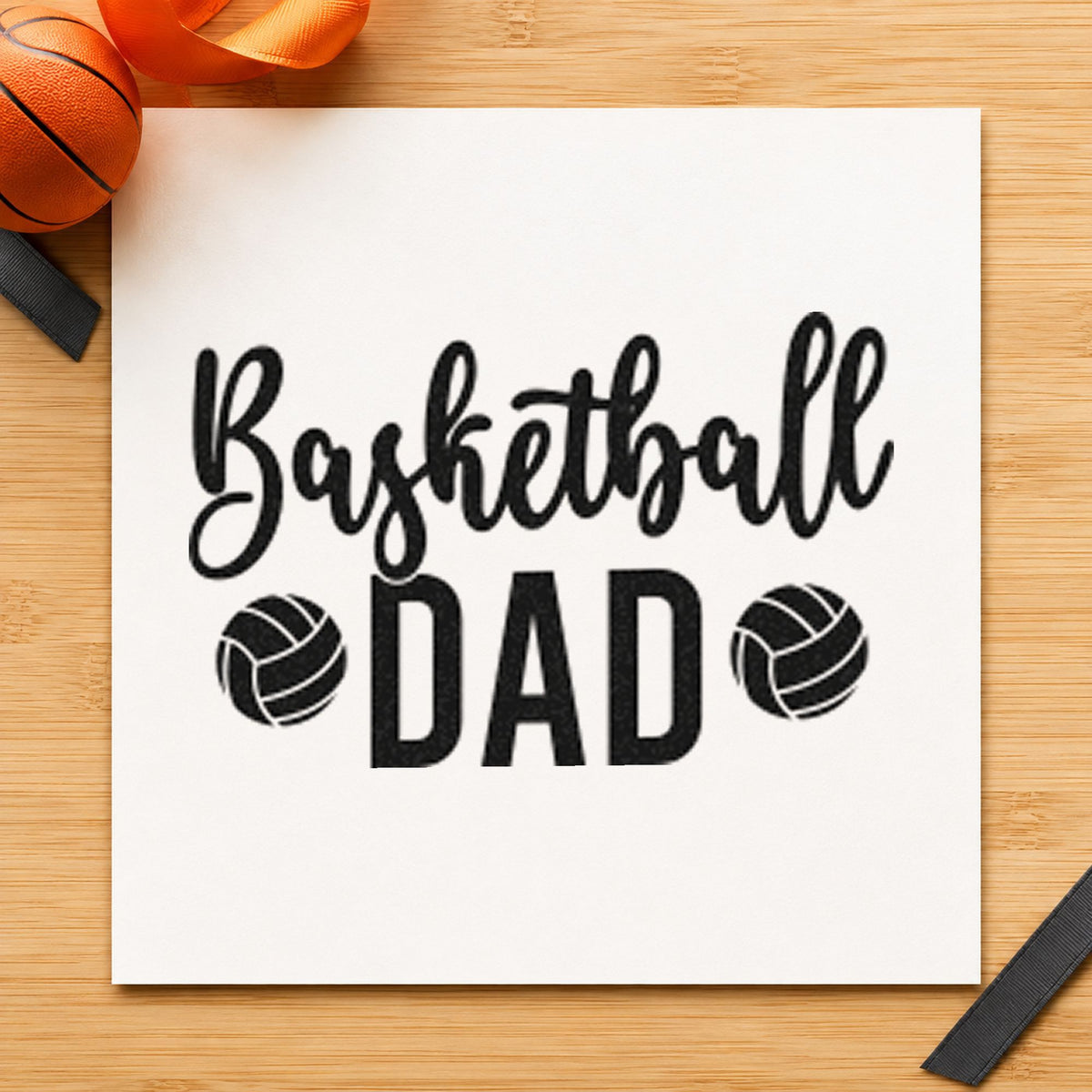 Basketball Dad Paneled Balls craft stamp imprint in black ink on a handmade project, one idea being food tray gift tags.