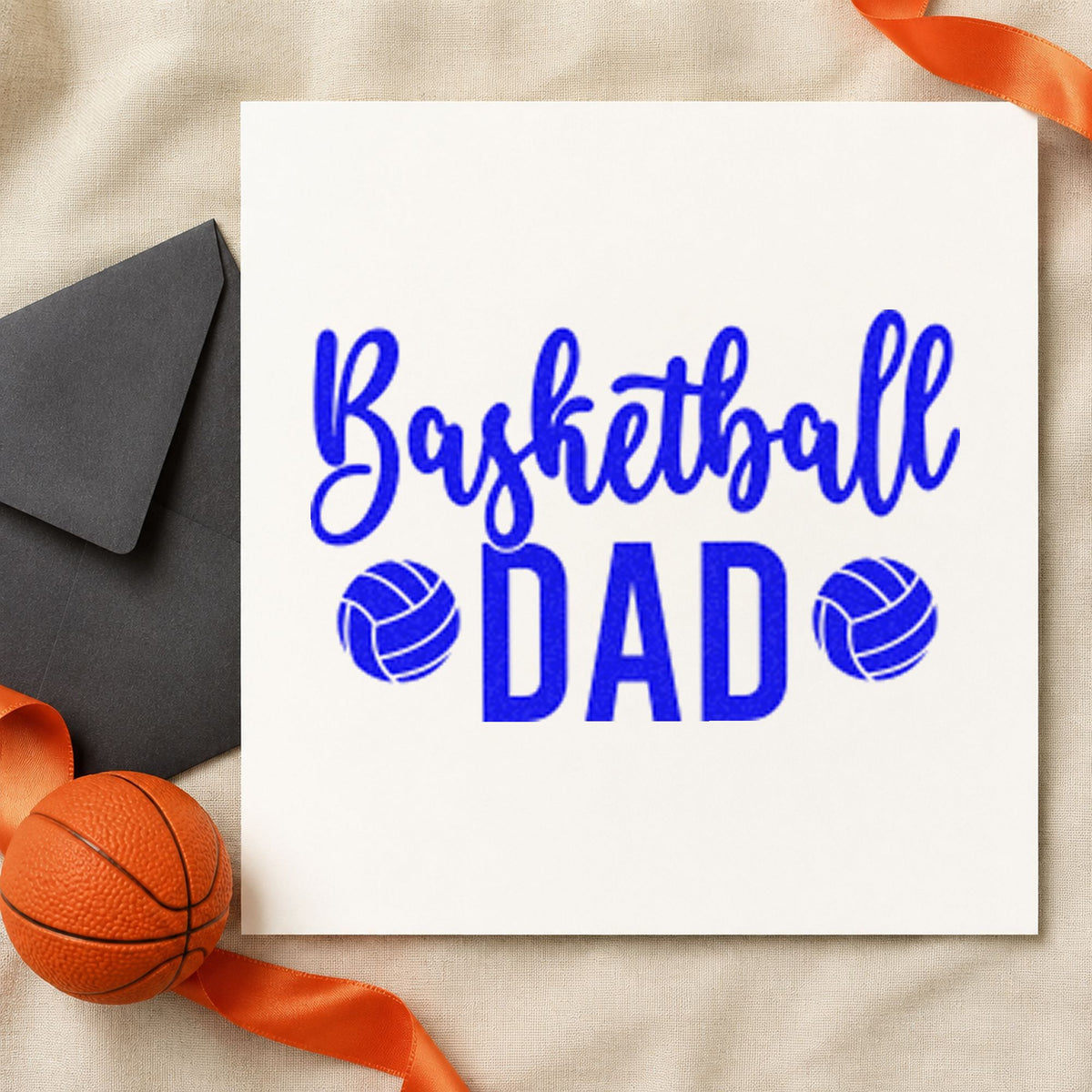Basketball Dad Paneled Balls craft stamp in blue ink on cardstock, an easy option for grill apron printing.
