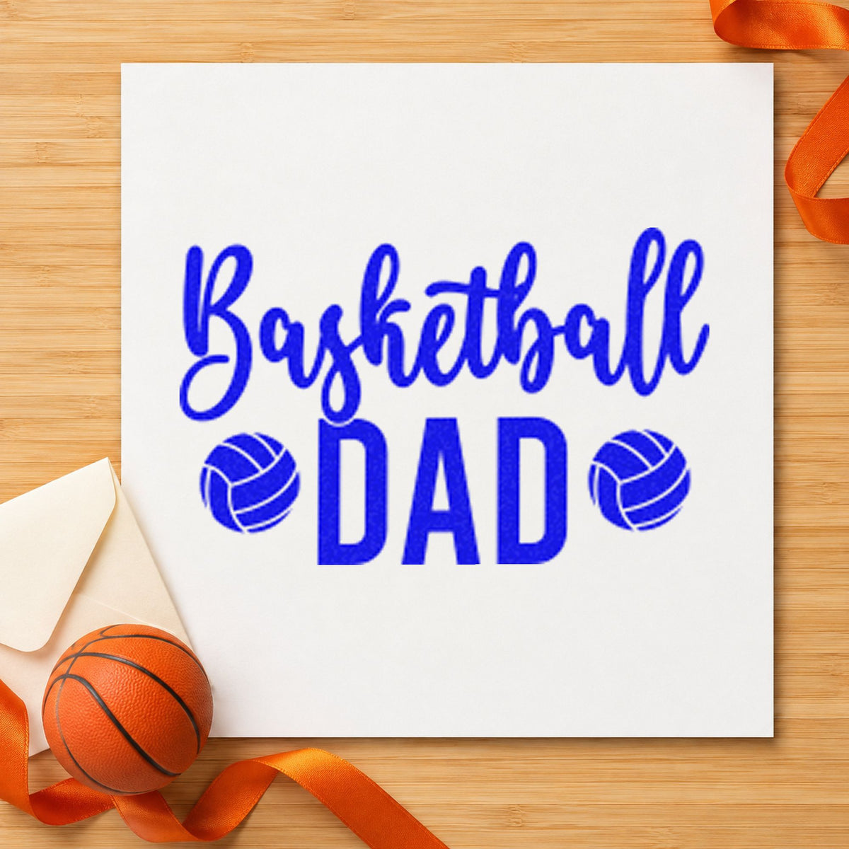 Basketball Dad Paneled Balls craft stamp imprinted in blue ink on paper, a design suited to framed garage shelf.