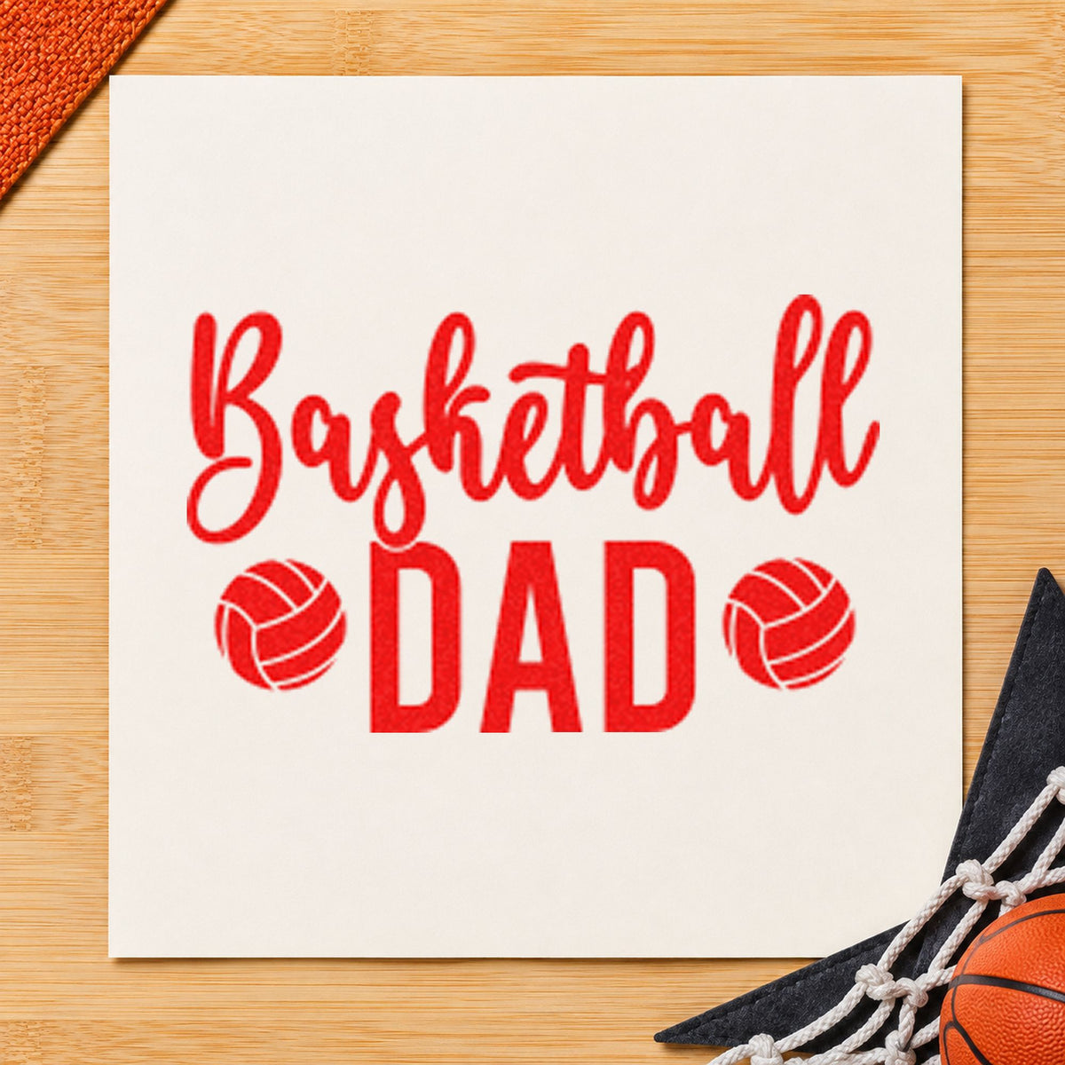 Basketball Dad Paneled Balls craft stamp imprint in red ink on a handmade project, one idea being menu plan cards.