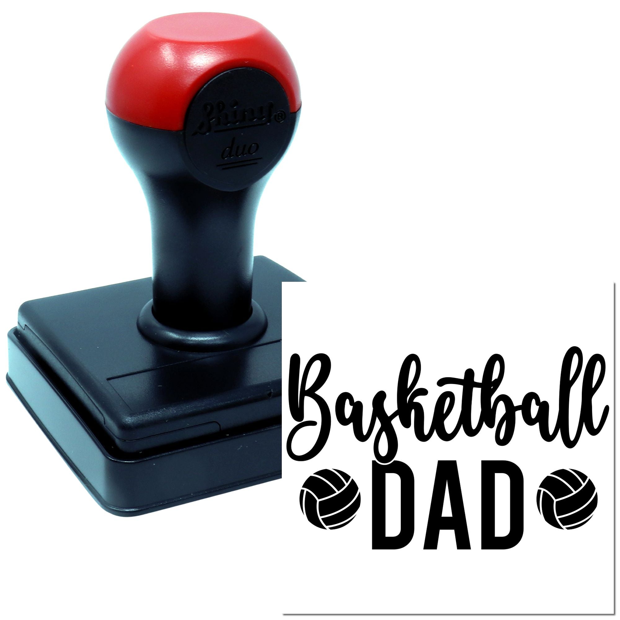 Basketball Dad custom rubber stamp with self-inking handle for personalized sports-themed stamping.