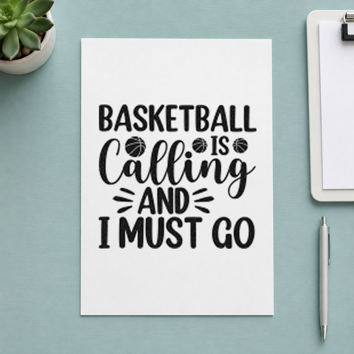 Basketball Calling Must Go craft stamp in black ink on cardstock, an easy option for road game album page.