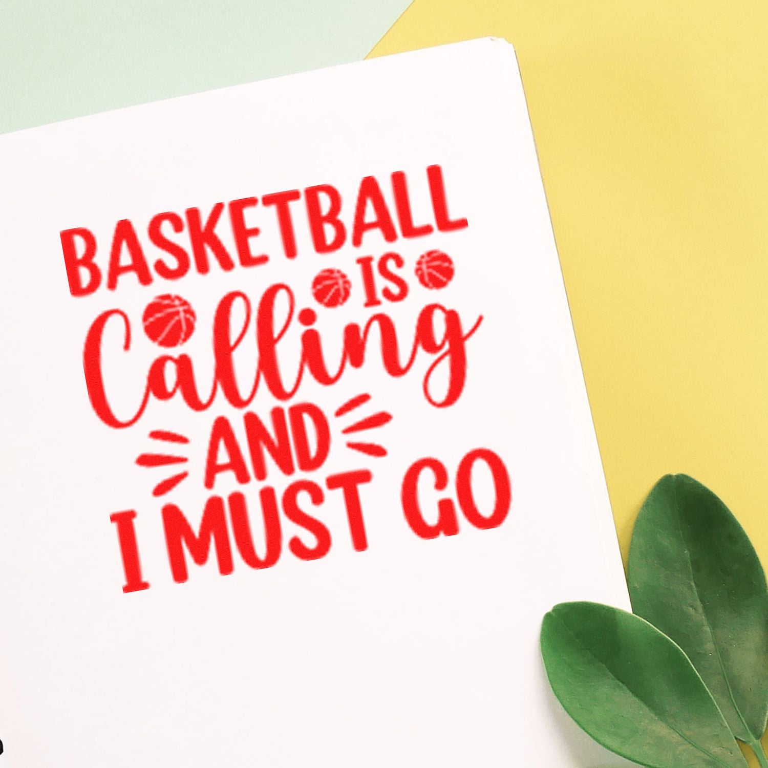 Basketball is Calling and I Must Go custom rubber stamp in red ink with basketball icons on white paper.