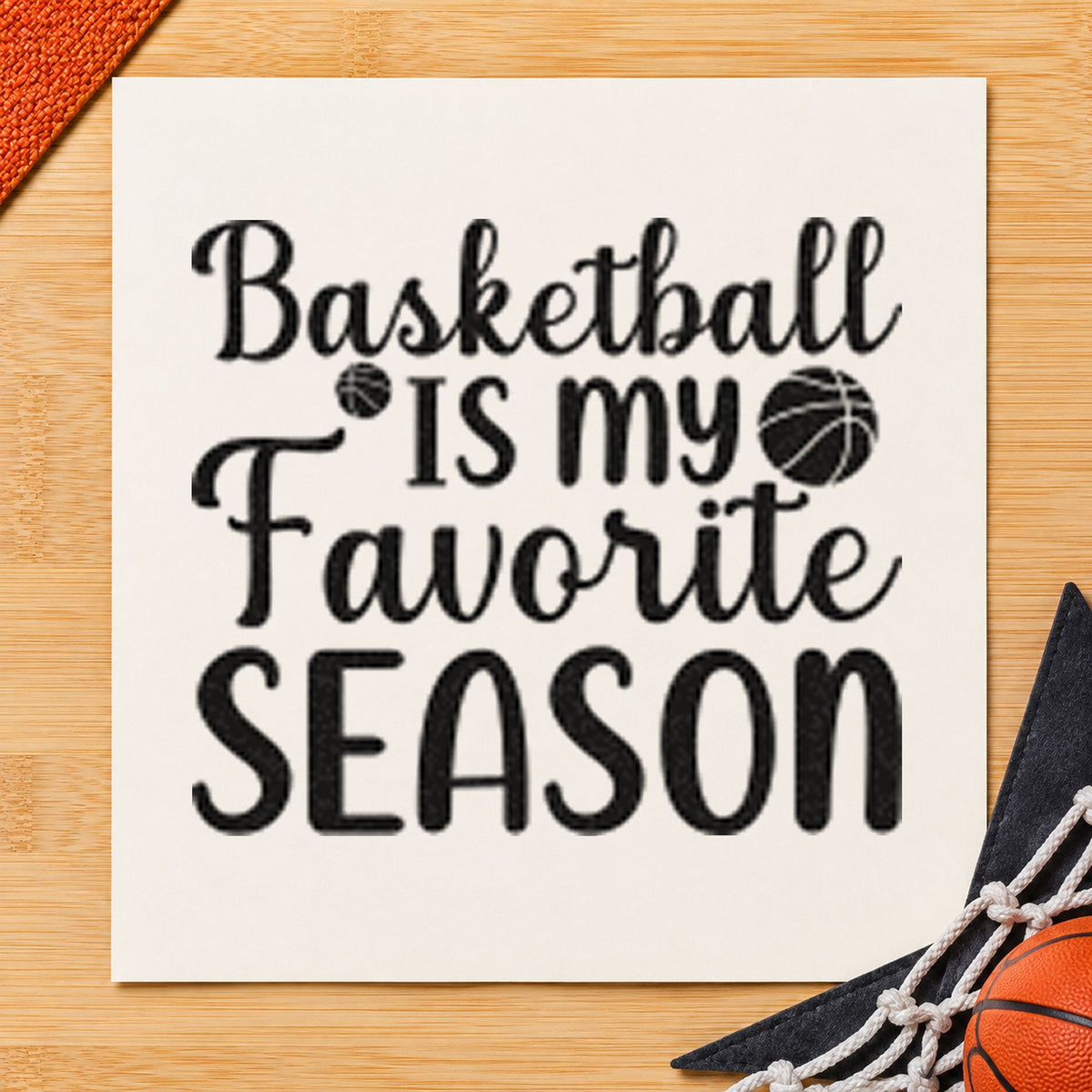Basketball My Favorite Season craft stamp imprint in black ink on a handmade project, one idea being prize bag gift tags.