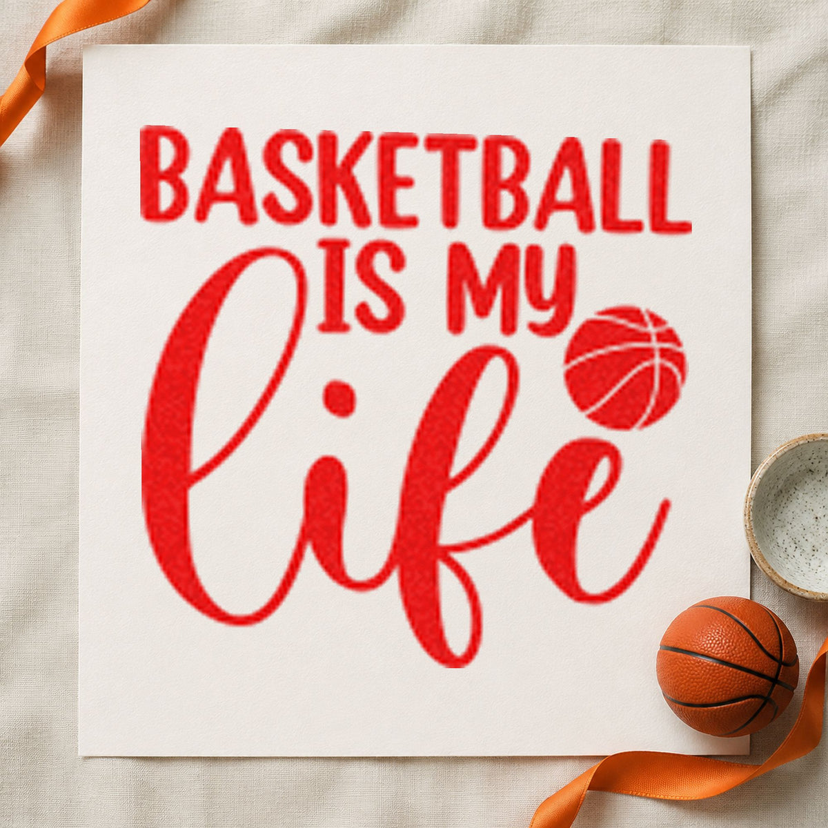 Basketball Is My Life craft stamp imprint in red ink on a handmade project, one idea being goal wall cards.