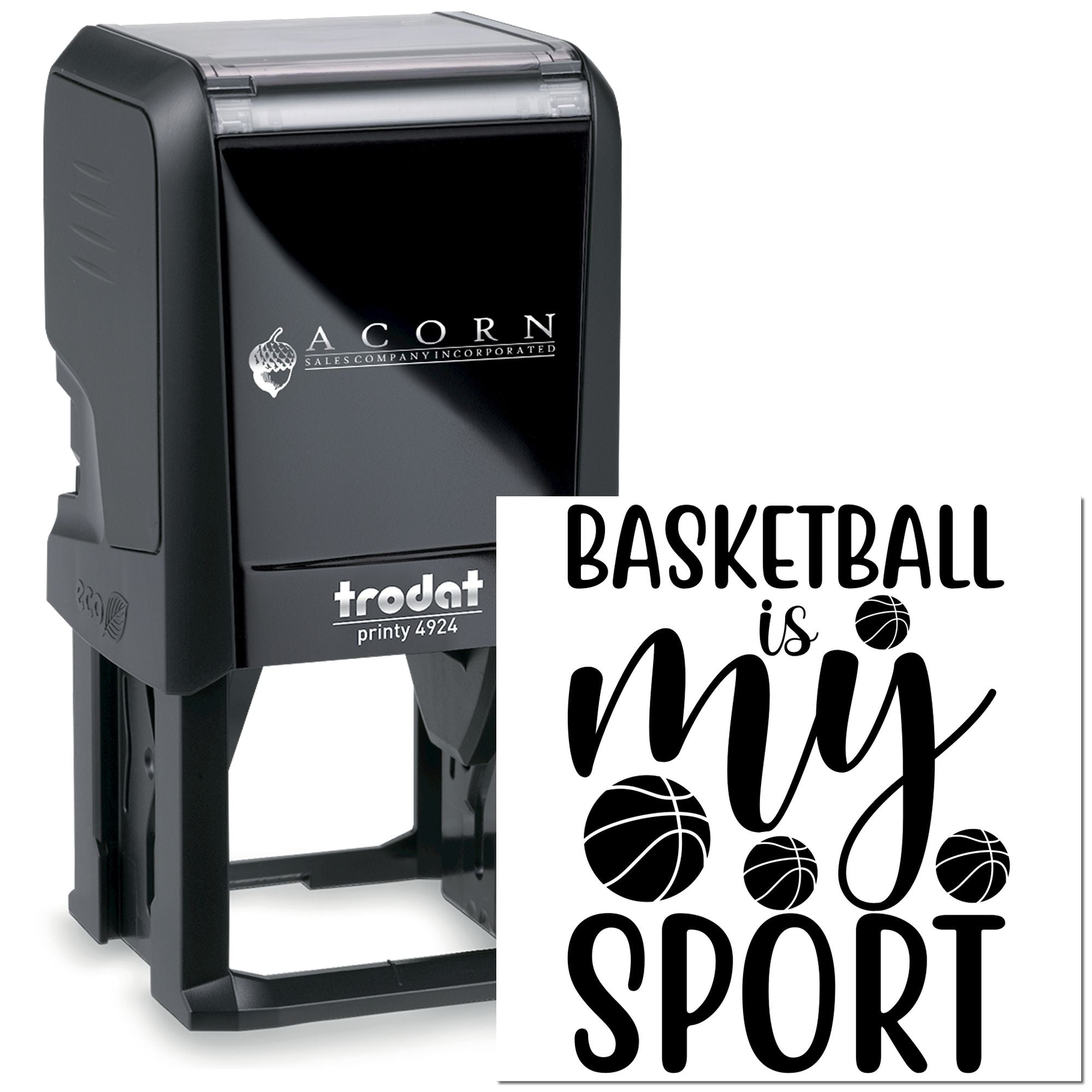 Custom basketball self-inking rubber stamp with Basketball Is My Sport design for coaches, teams, and sports fans.