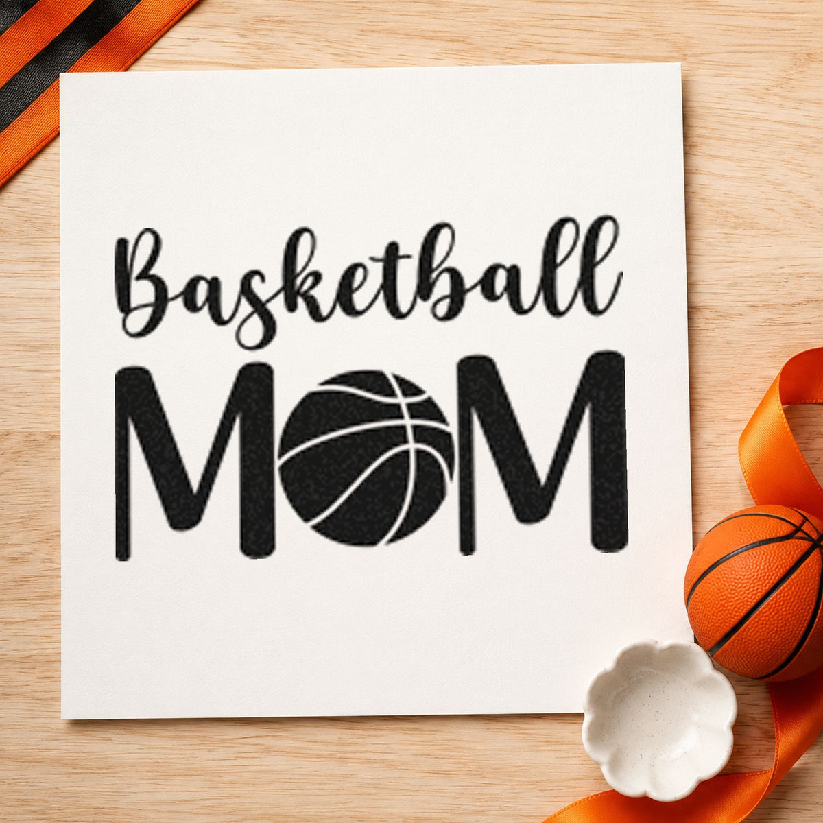 Basketball Mom Ball Letter craft stamp in black ink on cardstock, an easy option for bag year album page.