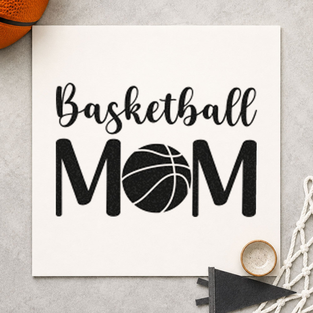 Basketball Mom Ball Letter rubber stamp printed in black ink, ready for bag check sheet and similar paper crafts.