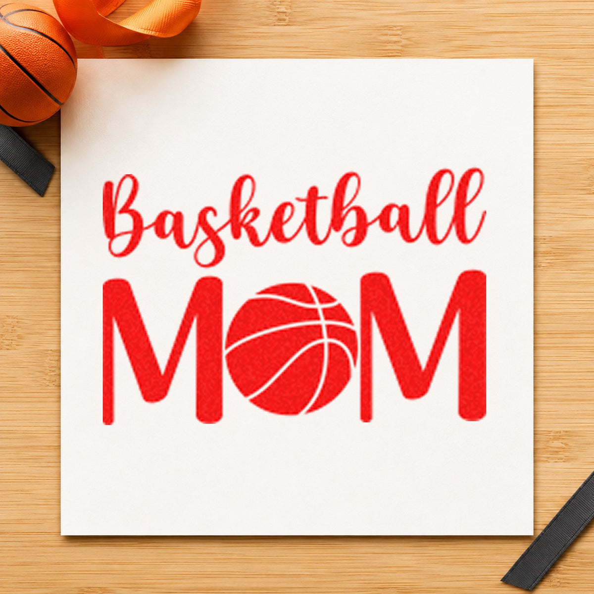 Basketball Mom Ball Letter rubber stamp shown in red ink, stamped for projects such as bin spare labels.