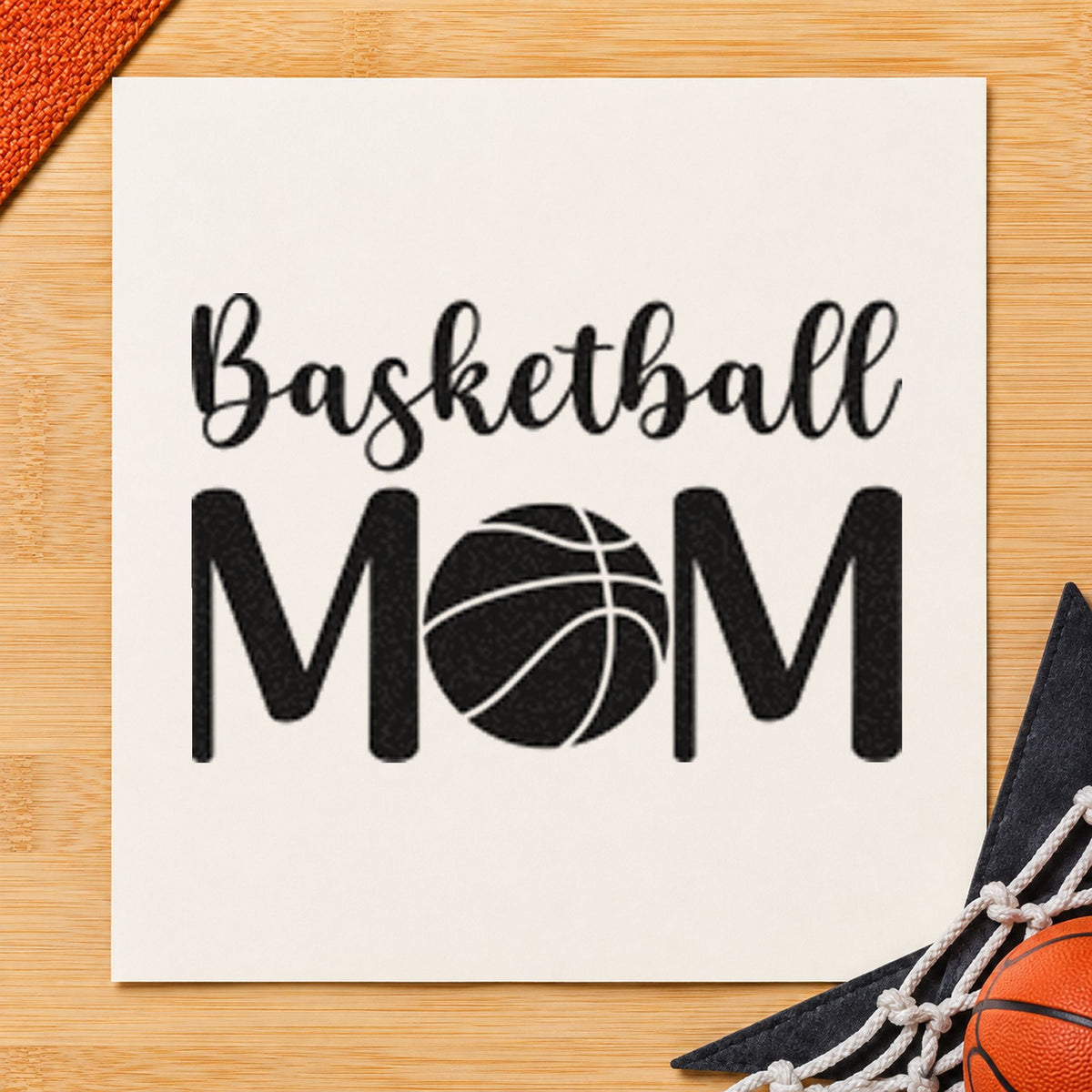 Basketball Mom Ball Letter rubber stamp printed in black ink, ready for ball letter cards and similar paper crafts.