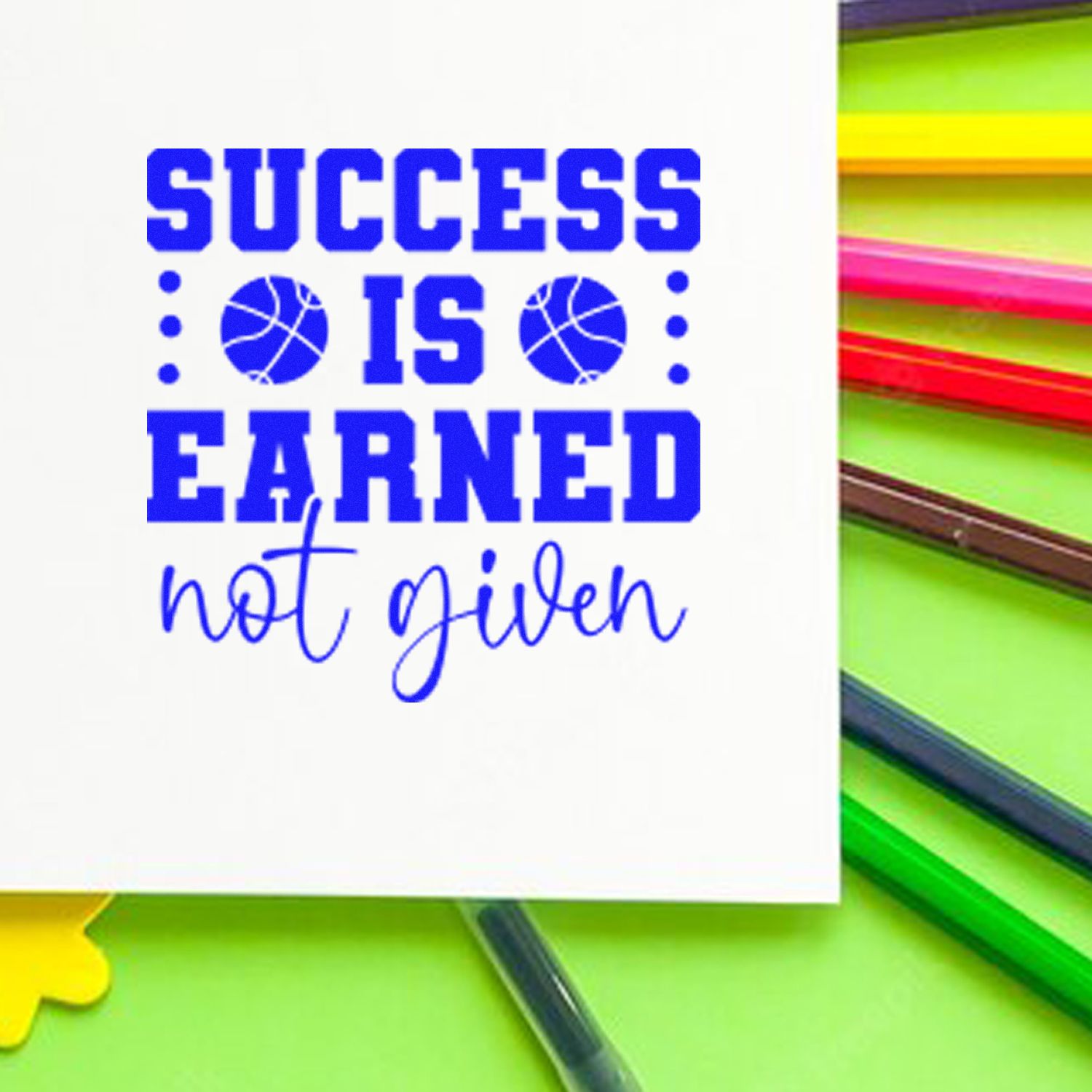 Blue Success Is Earned Not Given basketball rubber stamp design for sports motivation and team recognition.
