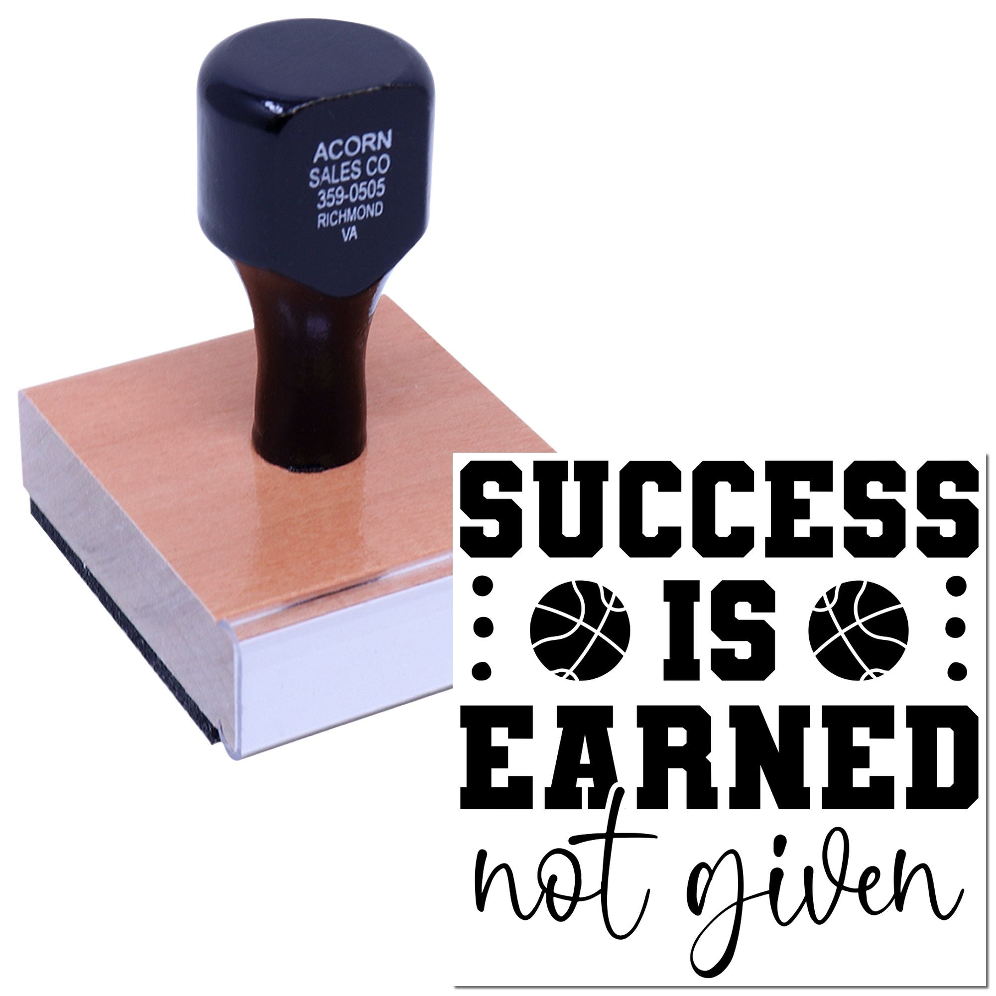 Motivational basketball rubber stamp with Success is Earned, not given design for sports teams, coaches, and players.